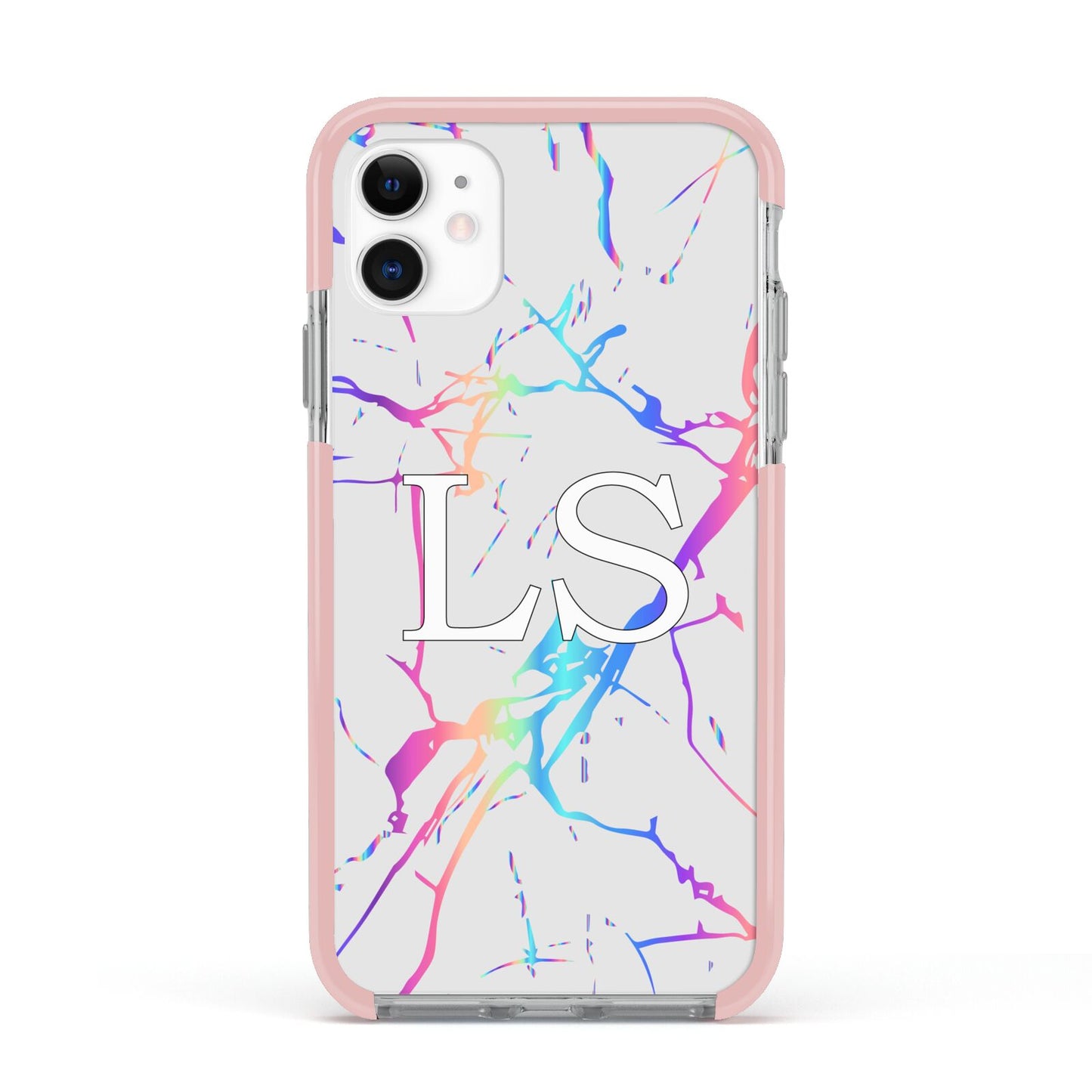 Personalised White Holographic Marble Initials Apple iPhone 11 in White with Pink Impact Case