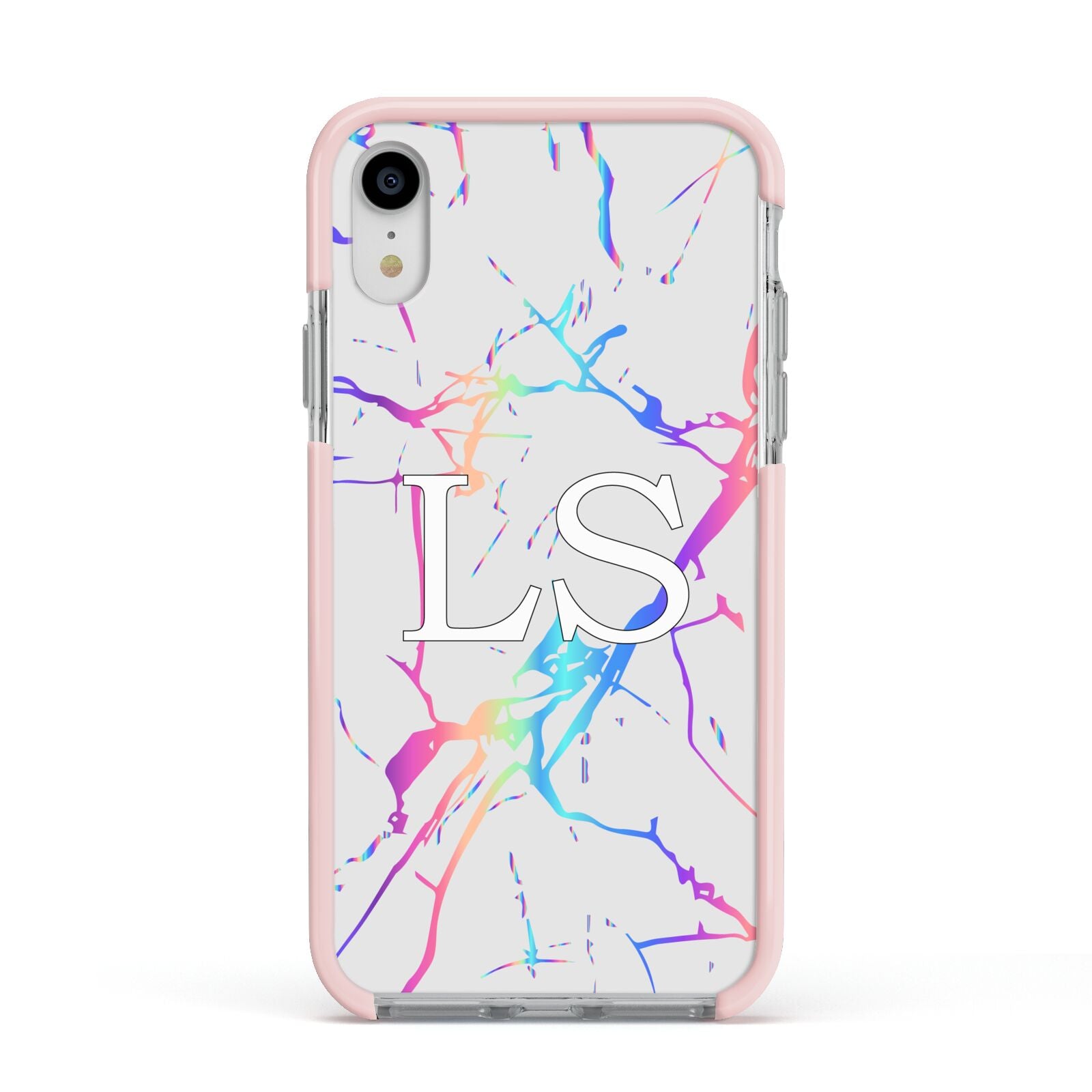 Personalised White Holographic Marble Initials Apple iPhone XR Impact Case Pink Edge on Silver Phone