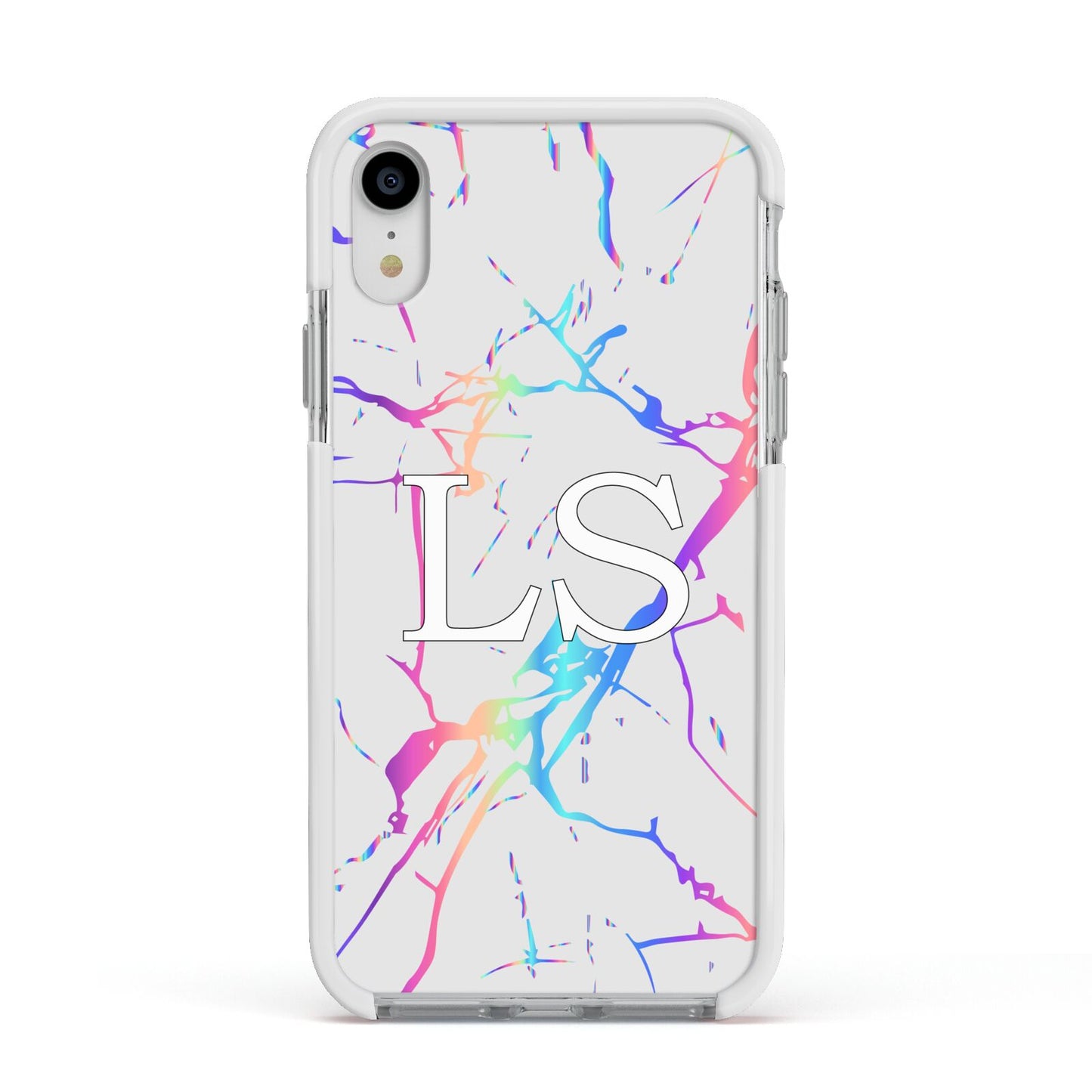 Personalised White Holographic Marble Initials Apple iPhone XR Impact Case White Edge on Silver Phone