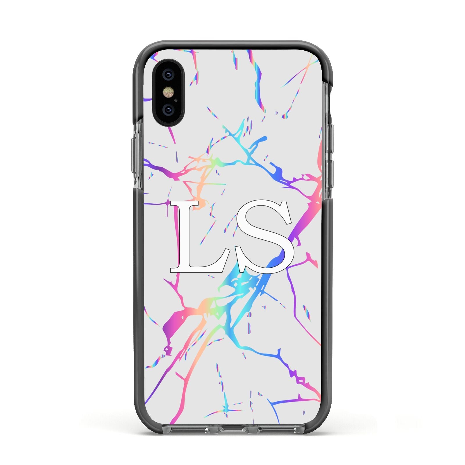 Personalised White Holographic Marble Initials Apple iPhone Xs Impact Case Black Edge on Black Phone