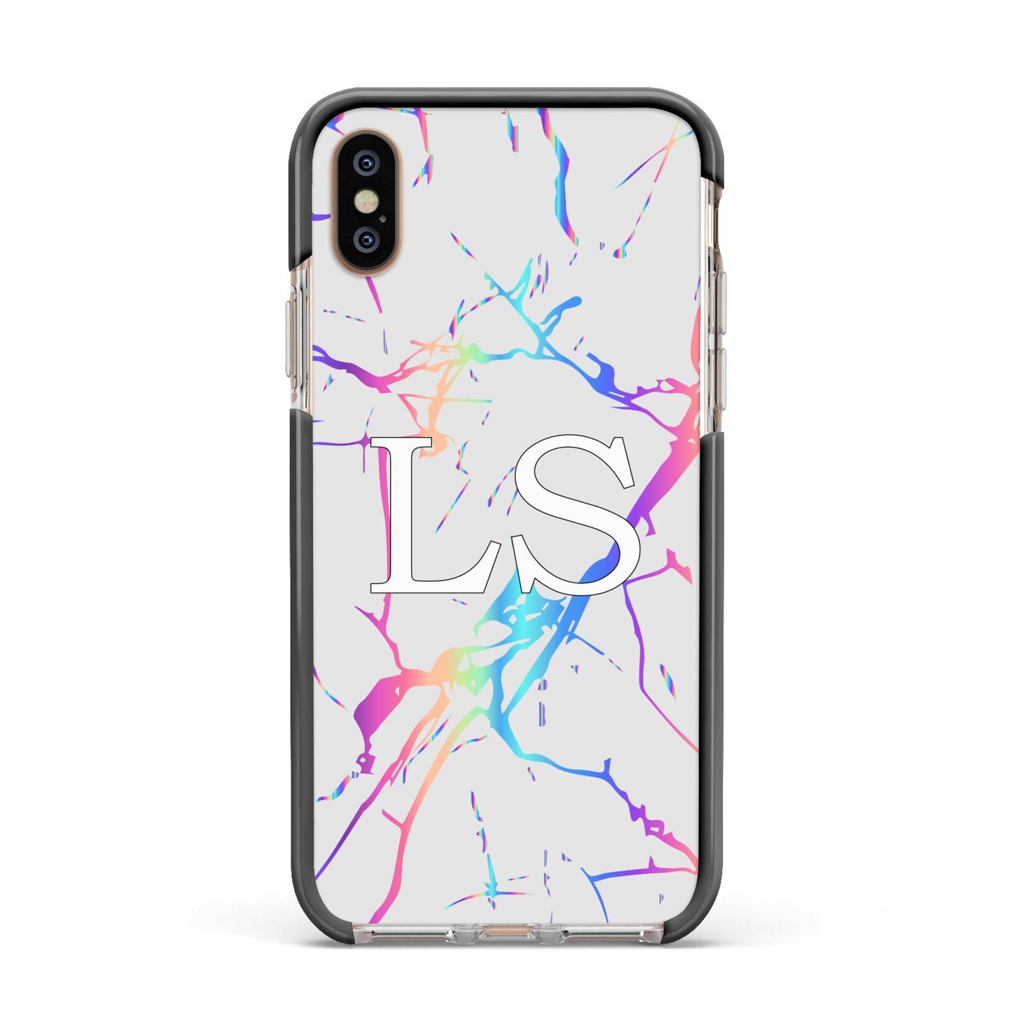 Personalised White Holographic Marble Initials Apple iPhone Xs Impact Case Black Edge on Gold Phone