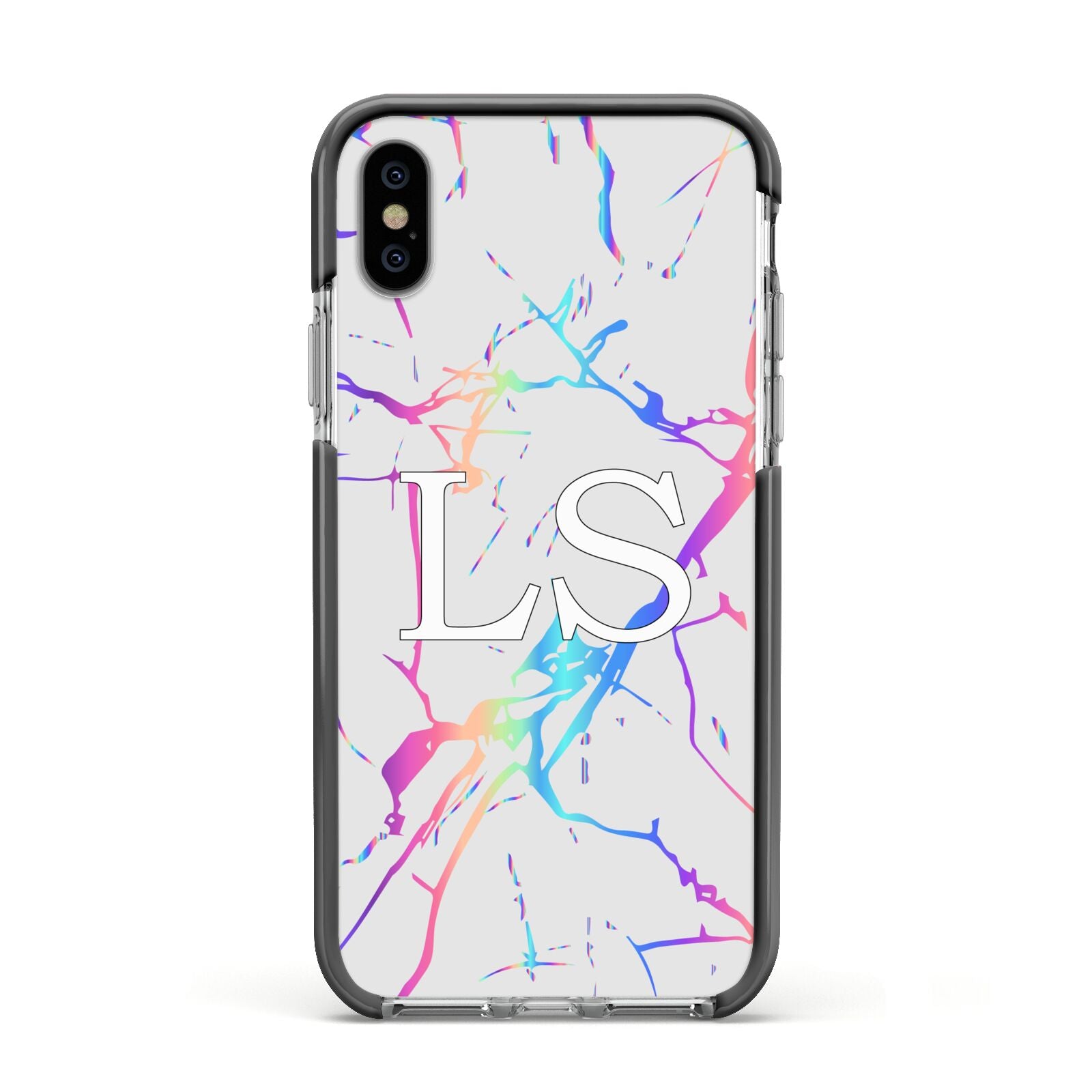 Personalised White Holographic Marble Initials Apple iPhone Xs Impact Case Black Edge on Silver Phone