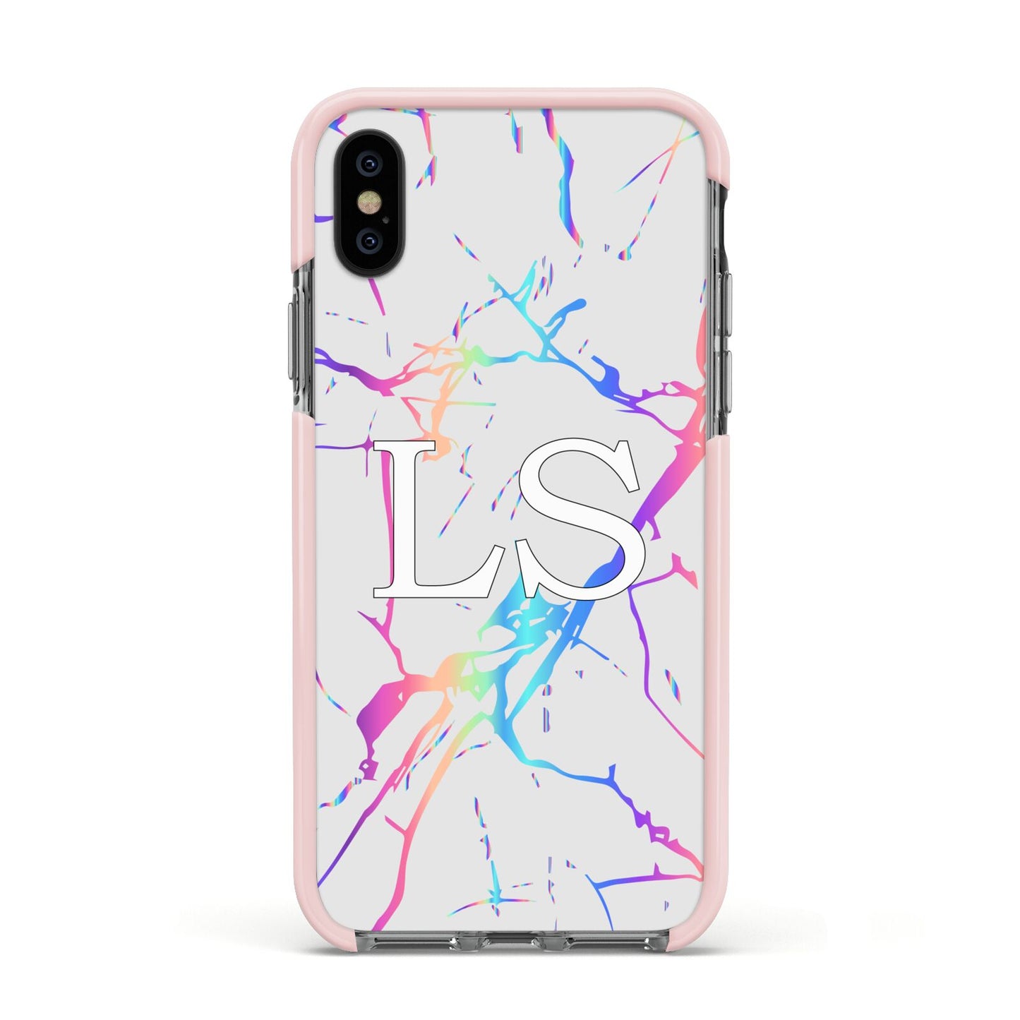 Personalised White Holographic Marble Initials Apple iPhone Xs Impact Case Pink Edge on Black Phone