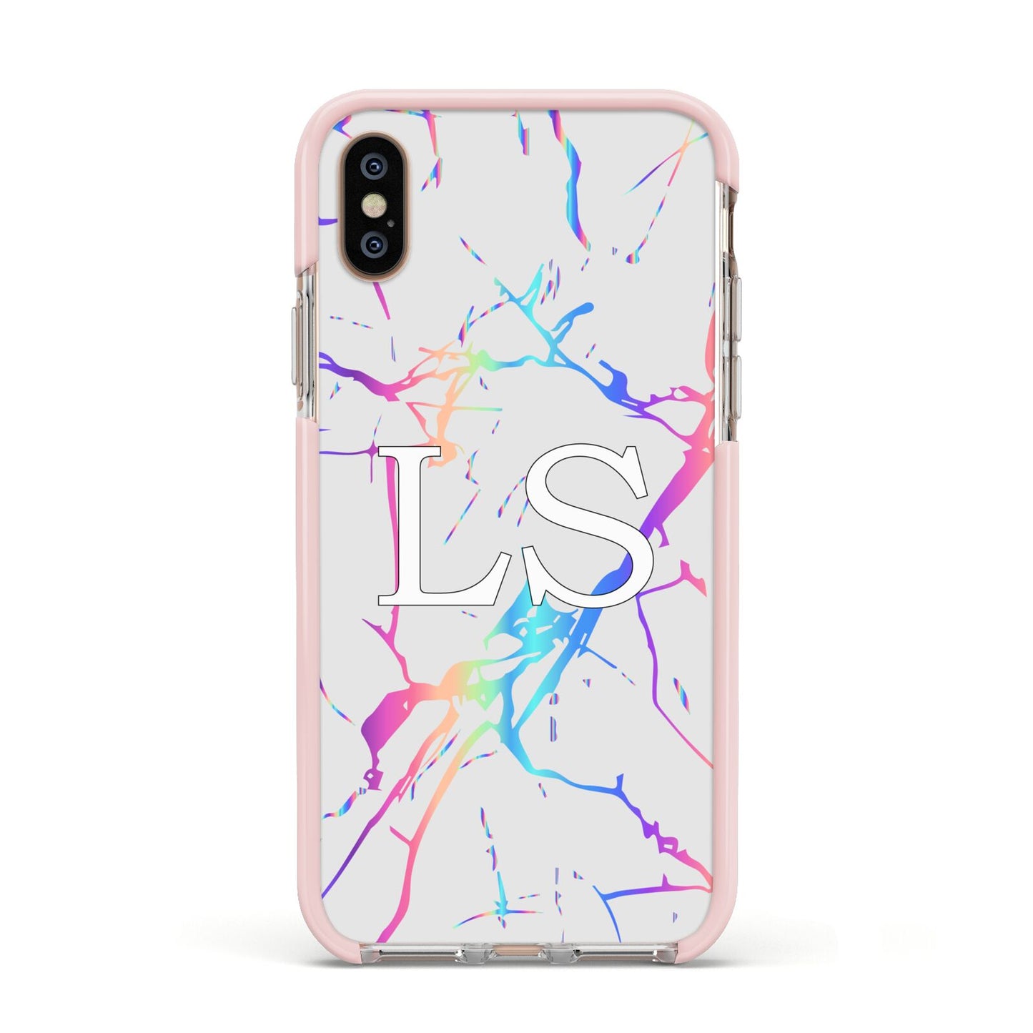 Personalised White Holographic Marble Initials Apple iPhone Xs Impact Case Pink Edge on Gold Phone