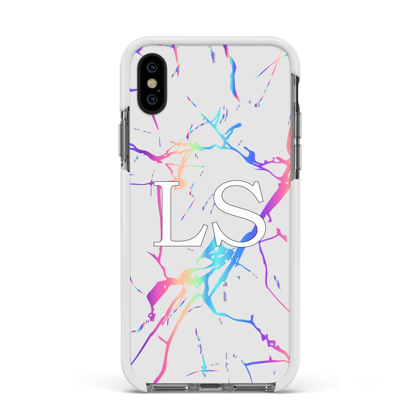 Personalised White Holographic Marble Initials Apple iPhone Xs Impact Case White Edge on Black Phone