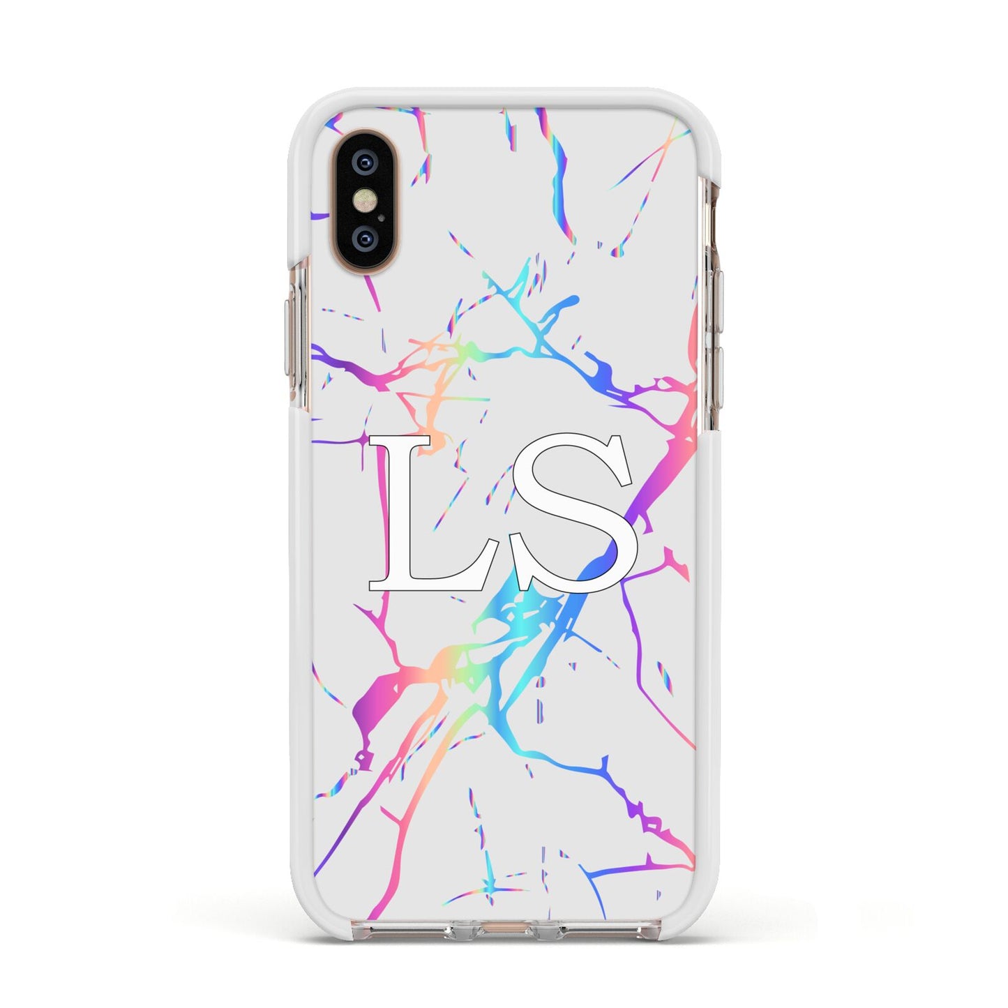 Personalised White Holographic Marble Initials Apple iPhone Xs Impact Case White Edge on Gold Phone