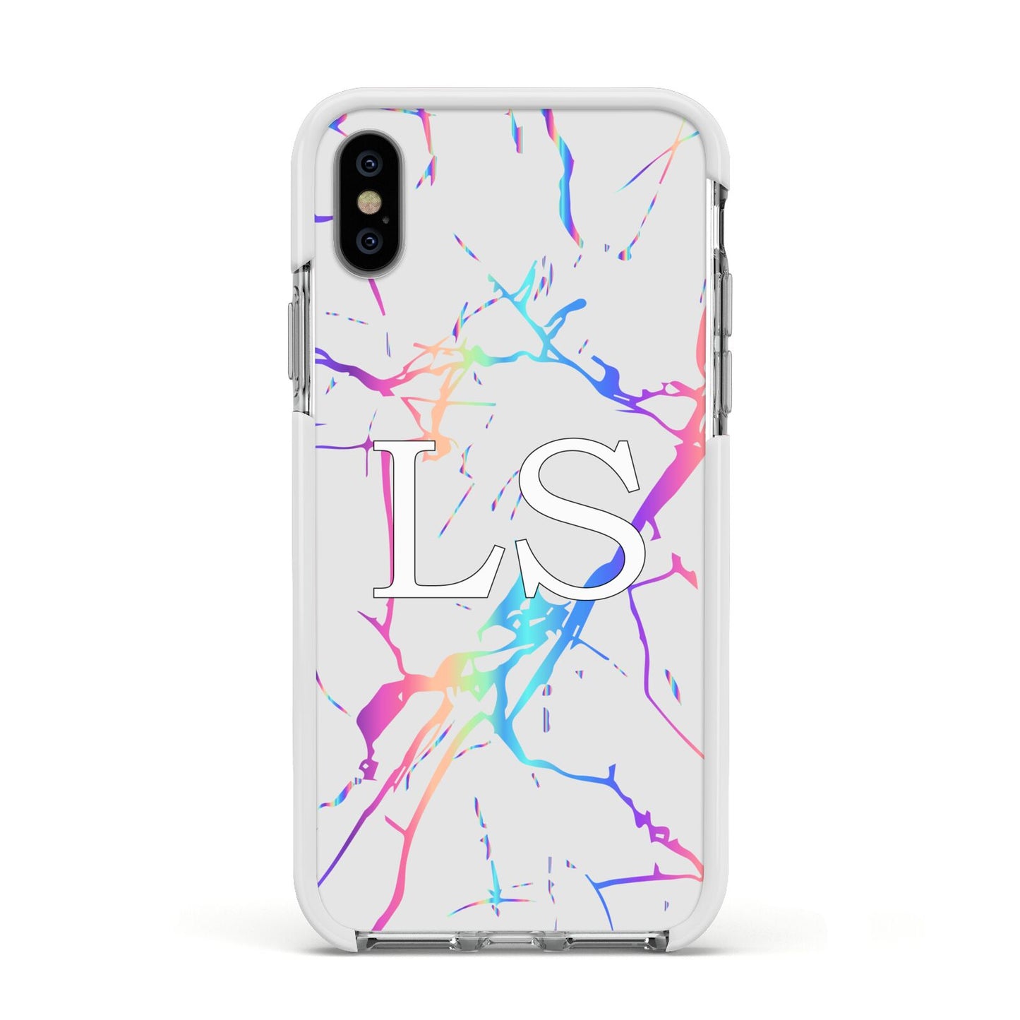 Personalised White Holographic Marble Initials Apple iPhone Xs Impact Case White Edge on Silver Phone