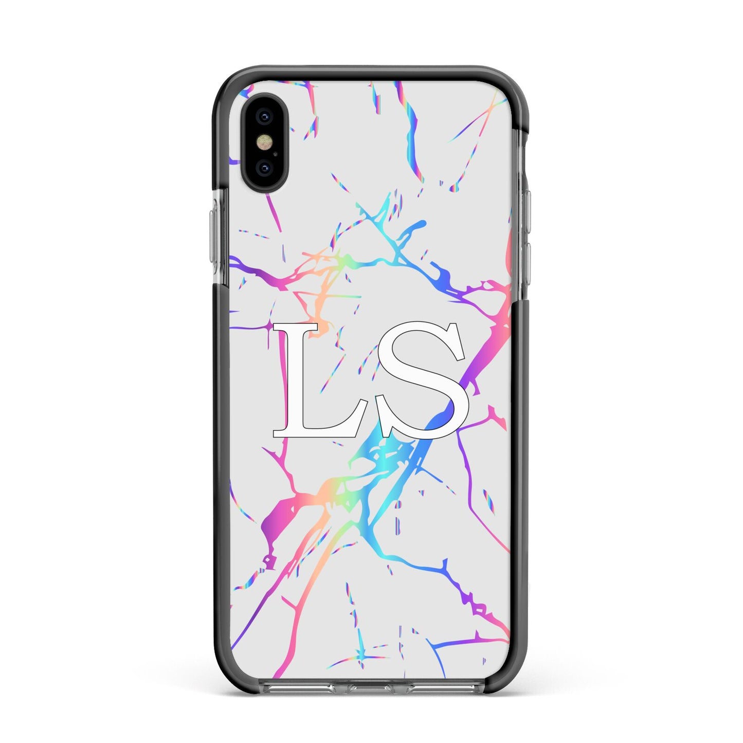Personalised White Holographic Marble Initials Apple iPhone Xs Max Impact Case Black Edge on Black Phone