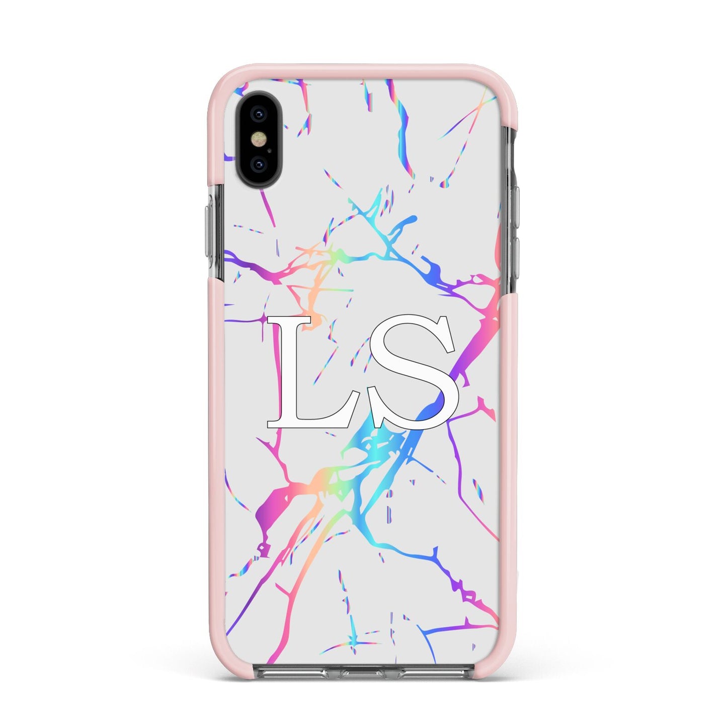 Personalised White Holographic Marble Initials Apple iPhone Xs Max Impact Case Pink Edge on Black Phone