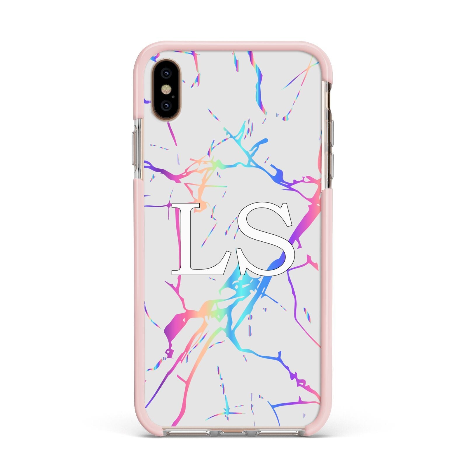 Personalised White Holographic Marble Initials Apple iPhone Xs Max Impact Case Pink Edge on Gold Phone