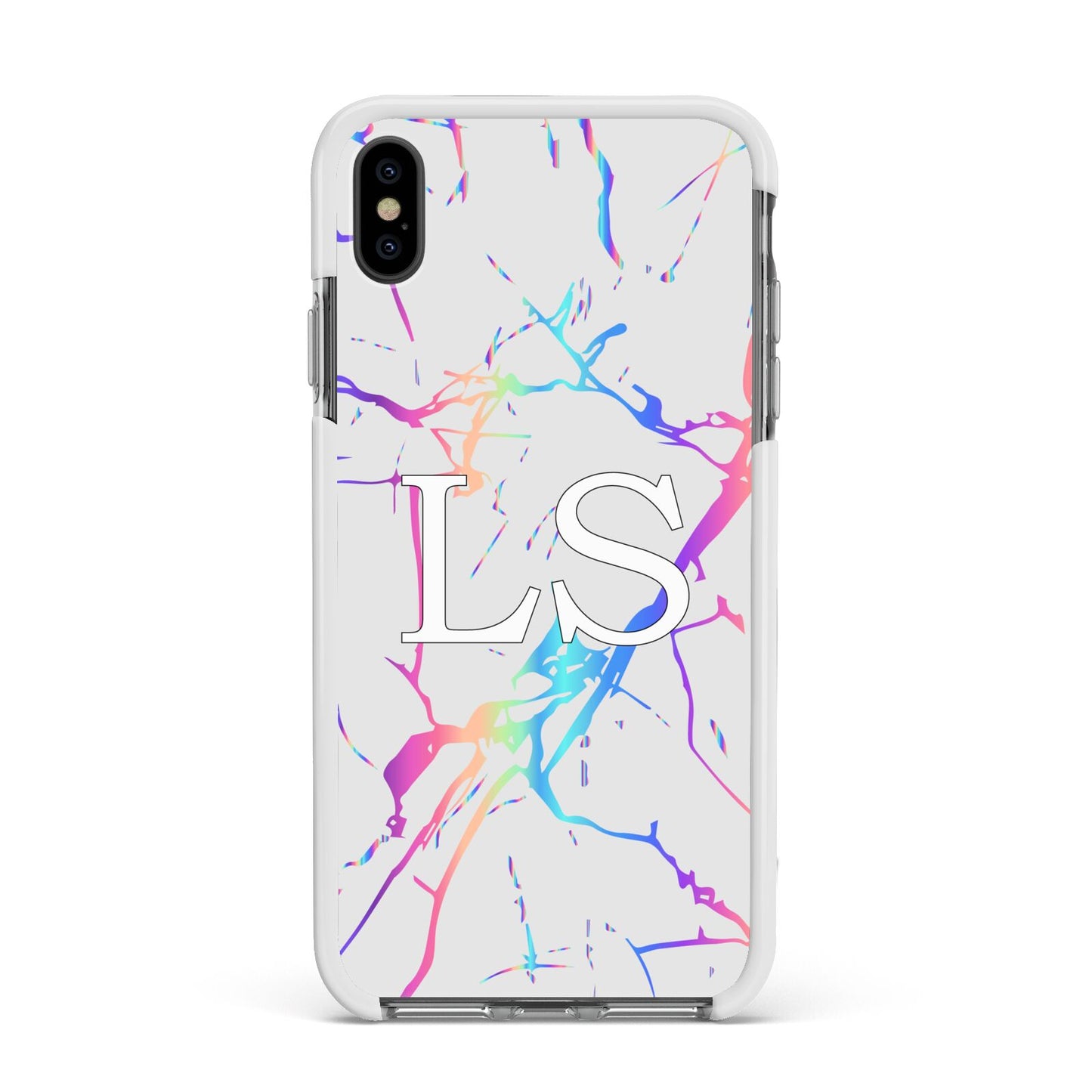 Personalised White Holographic Marble Initials Apple iPhone Xs Max Impact Case White Edge on Black Phone