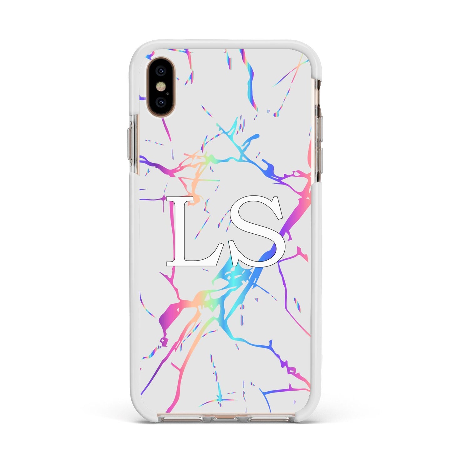 Personalised White Holographic Marble Initials Apple iPhone Xs Max Impact Case White Edge on Gold Phone