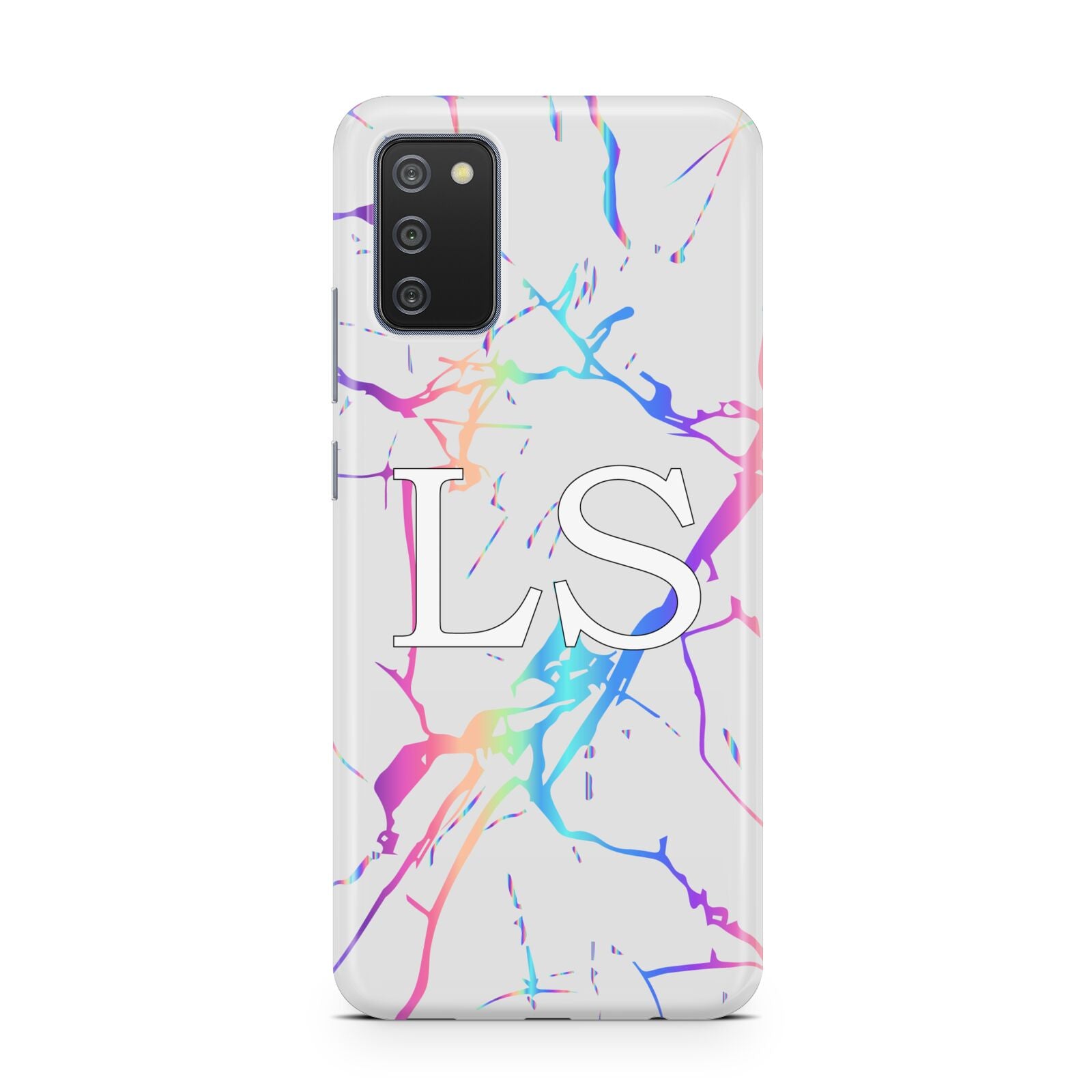 Personalised White Holographic Marble Initials Samsung A02s Case