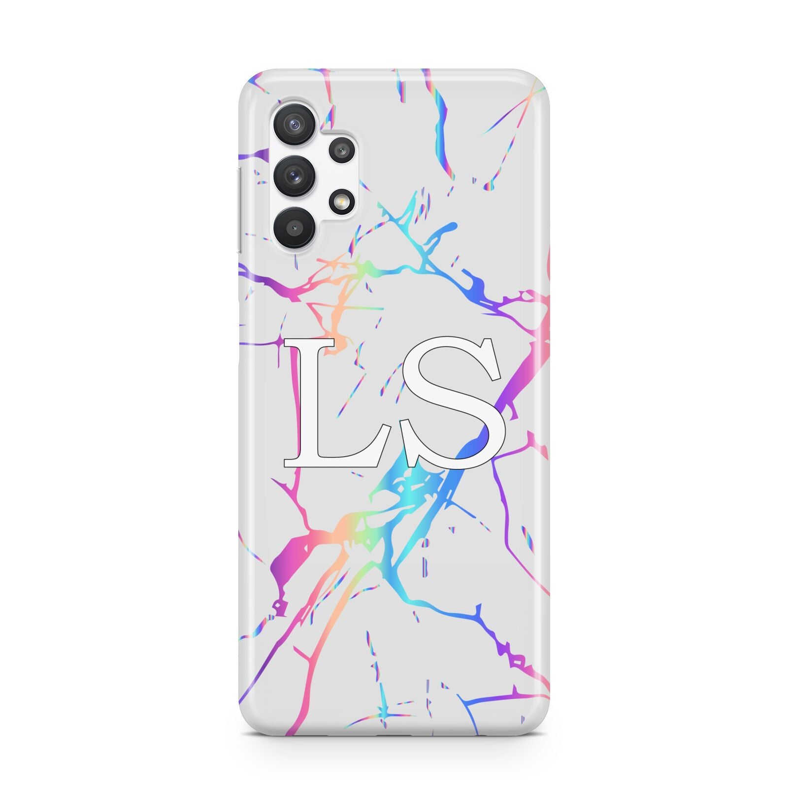 Personalised White Holographic Marble Initials Samsung A32 5G Case