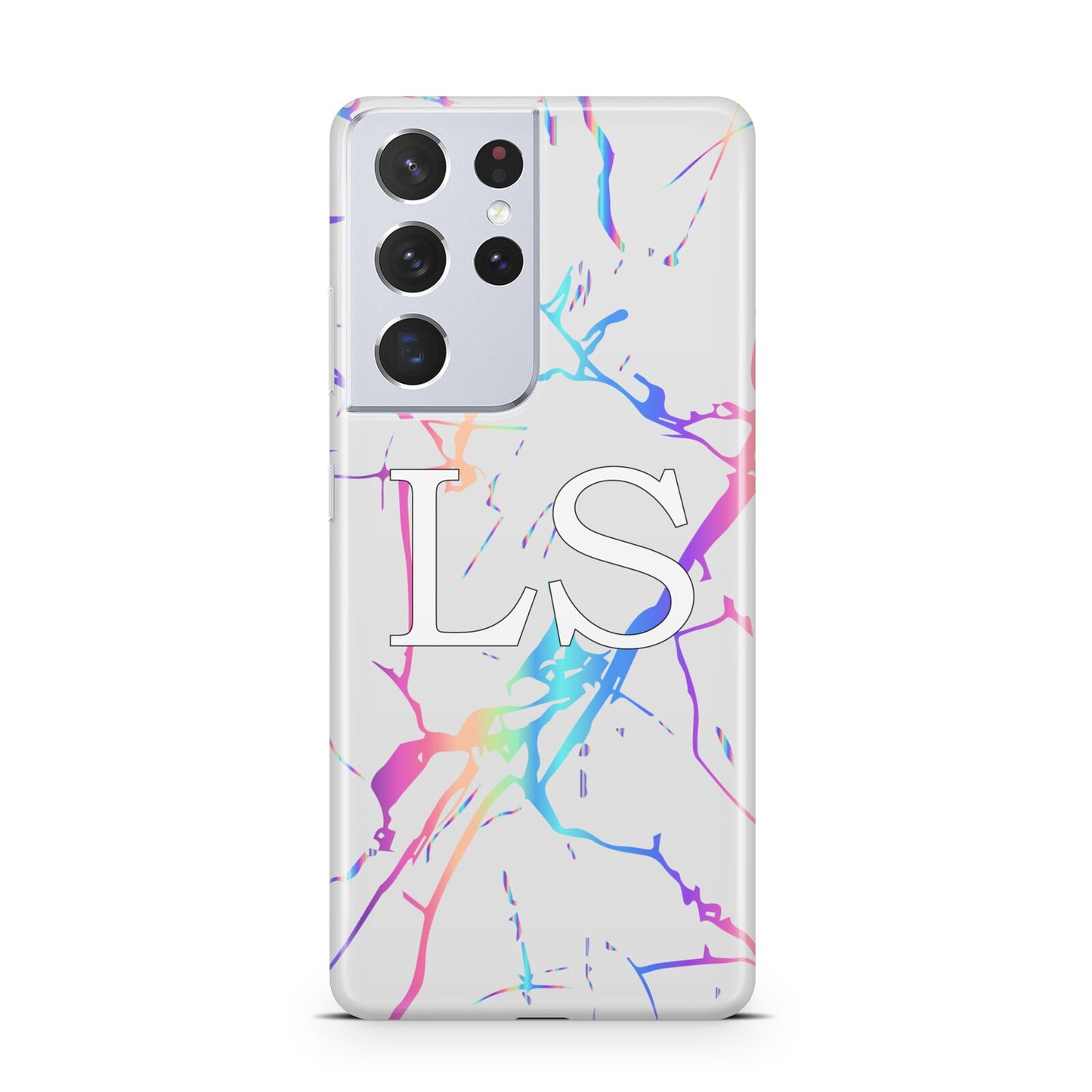 Personalised White Holographic Marble Initials Samsung S21 Ultra Case