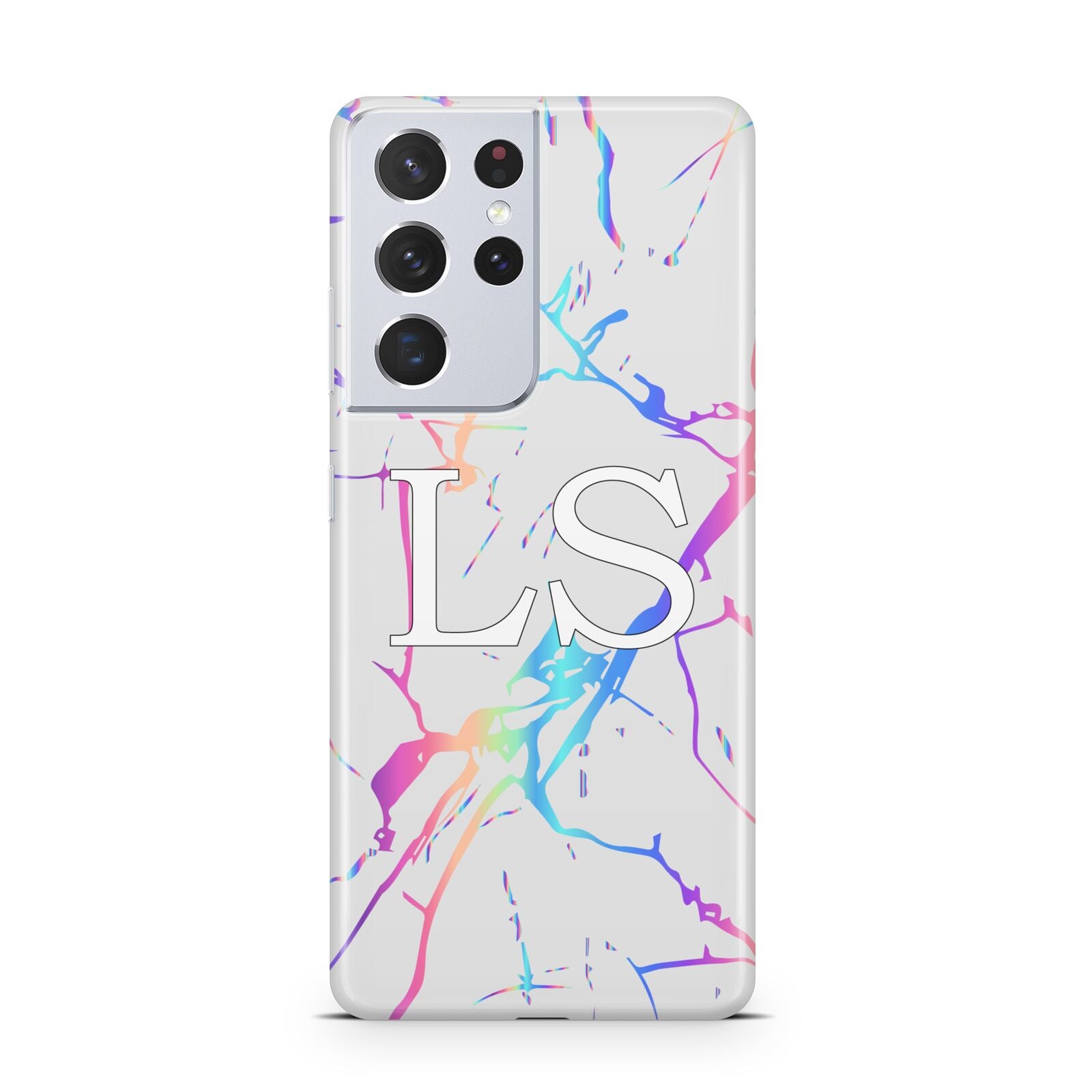 Personalised White Holographic Marble Initials Samsung S21 Ultra Case