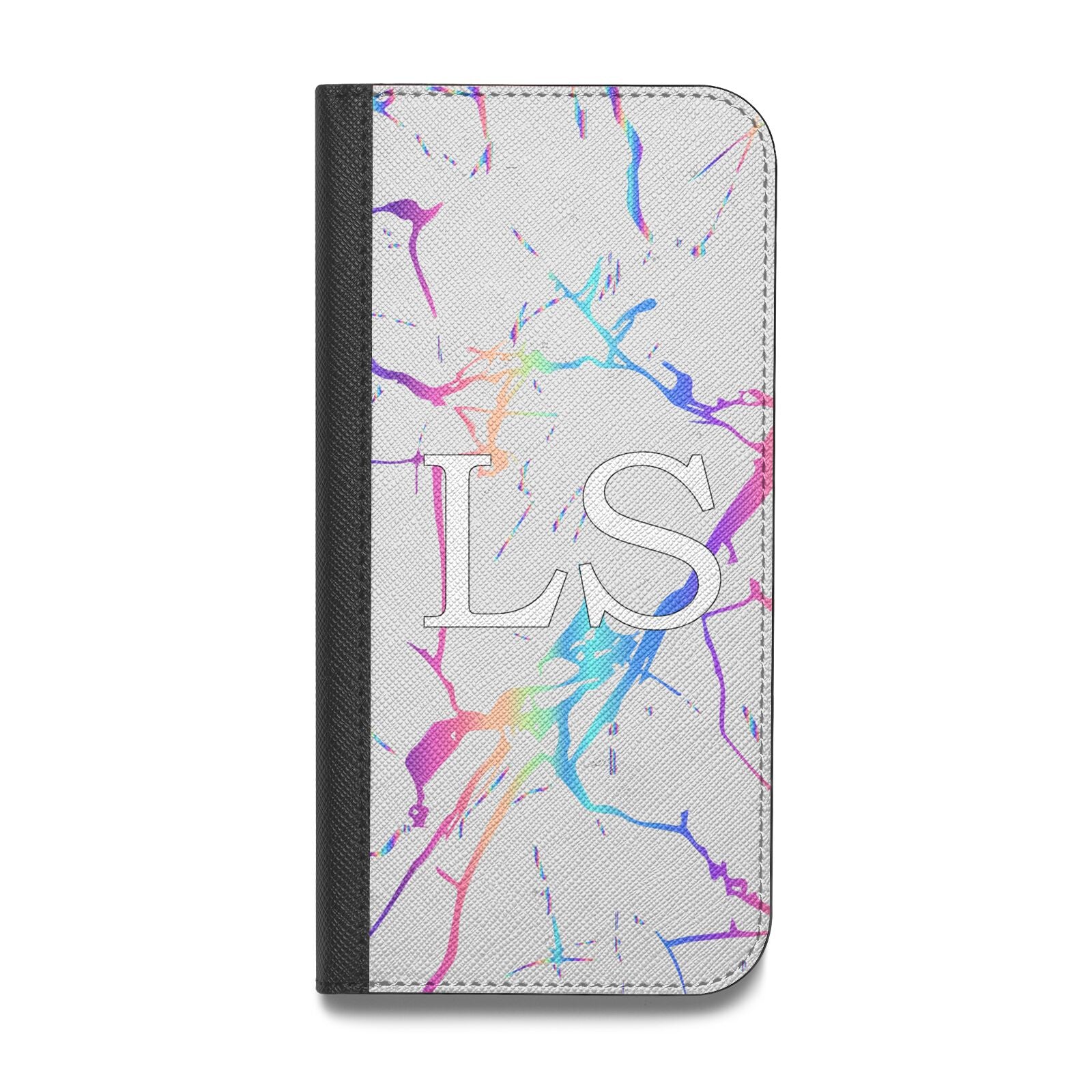 Personalised White Holographic Marble Initials Vegan Leather Flip Samsung Case