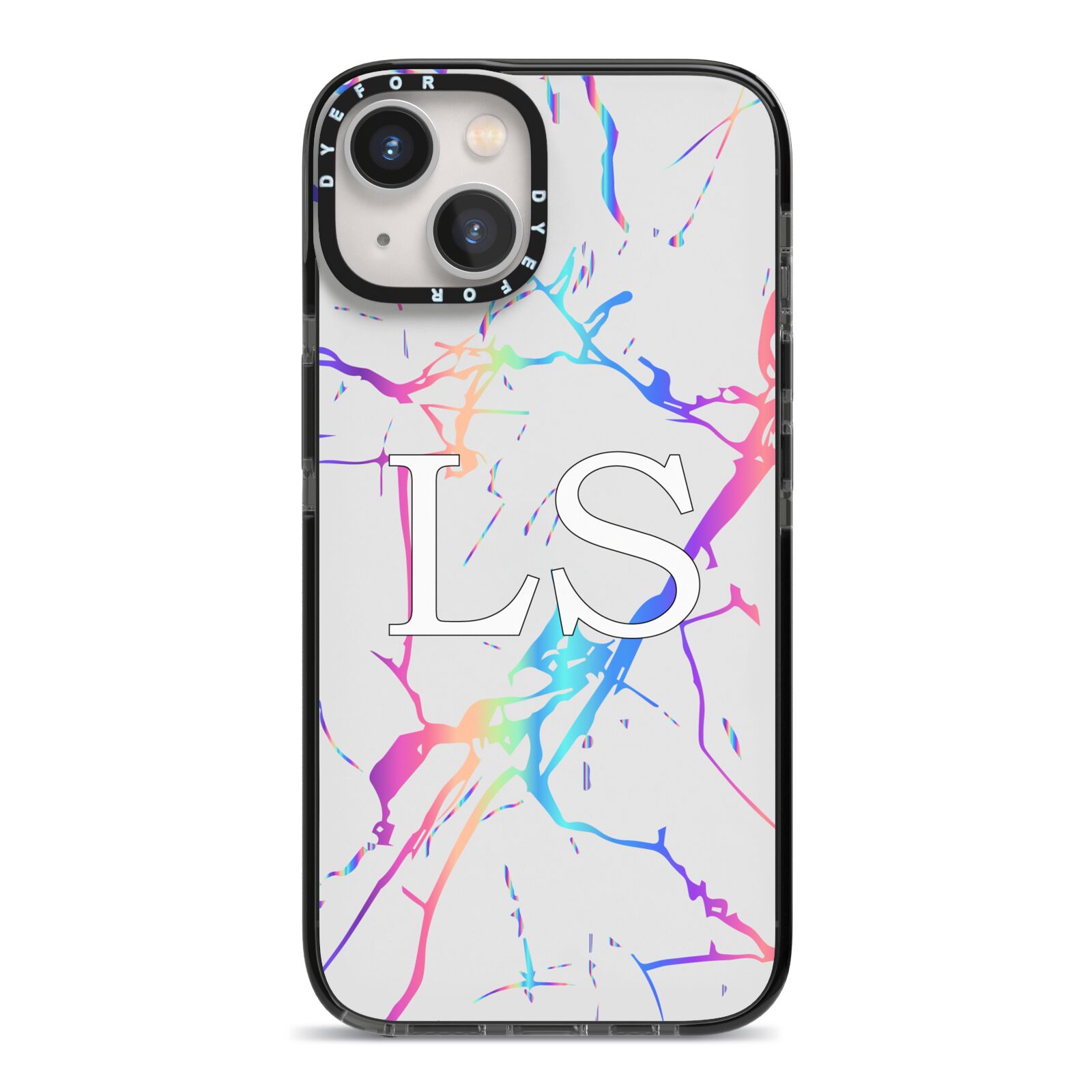 Personalised White Holographic Marble Initials iPhone 13 Black Impact Case on Silver phone