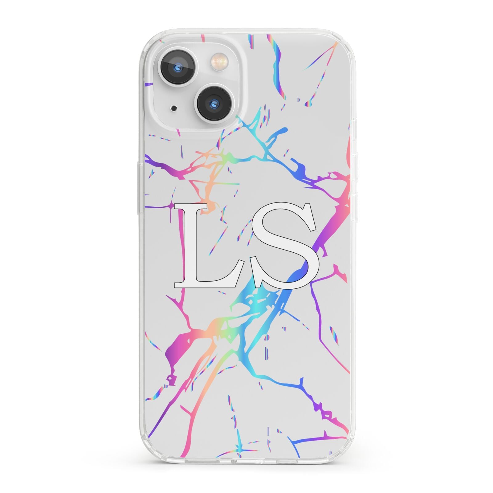 Personalised White Holographic Marble Initials iPhone 13 Clear Bumper Case