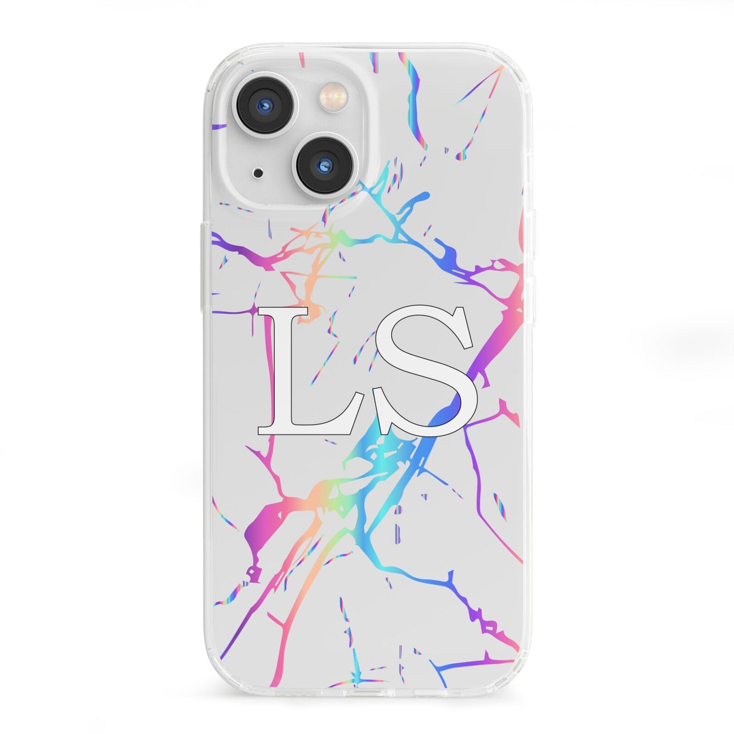 Personalised White Holographic Marble Initials iPhone 13 Mini Clear Bumper Case