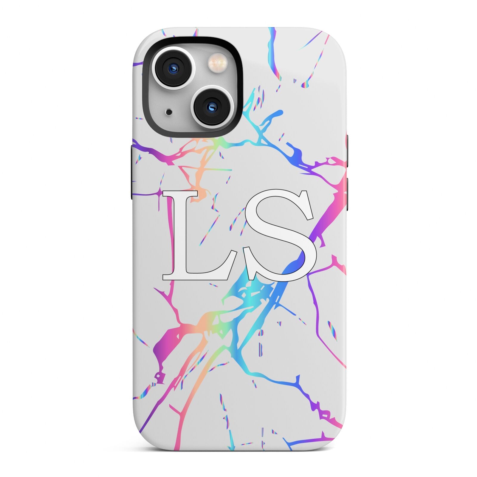 Personalised White Holographic Marble Initials iPhone 13 Mini Full Wrap 3D Tough Case
