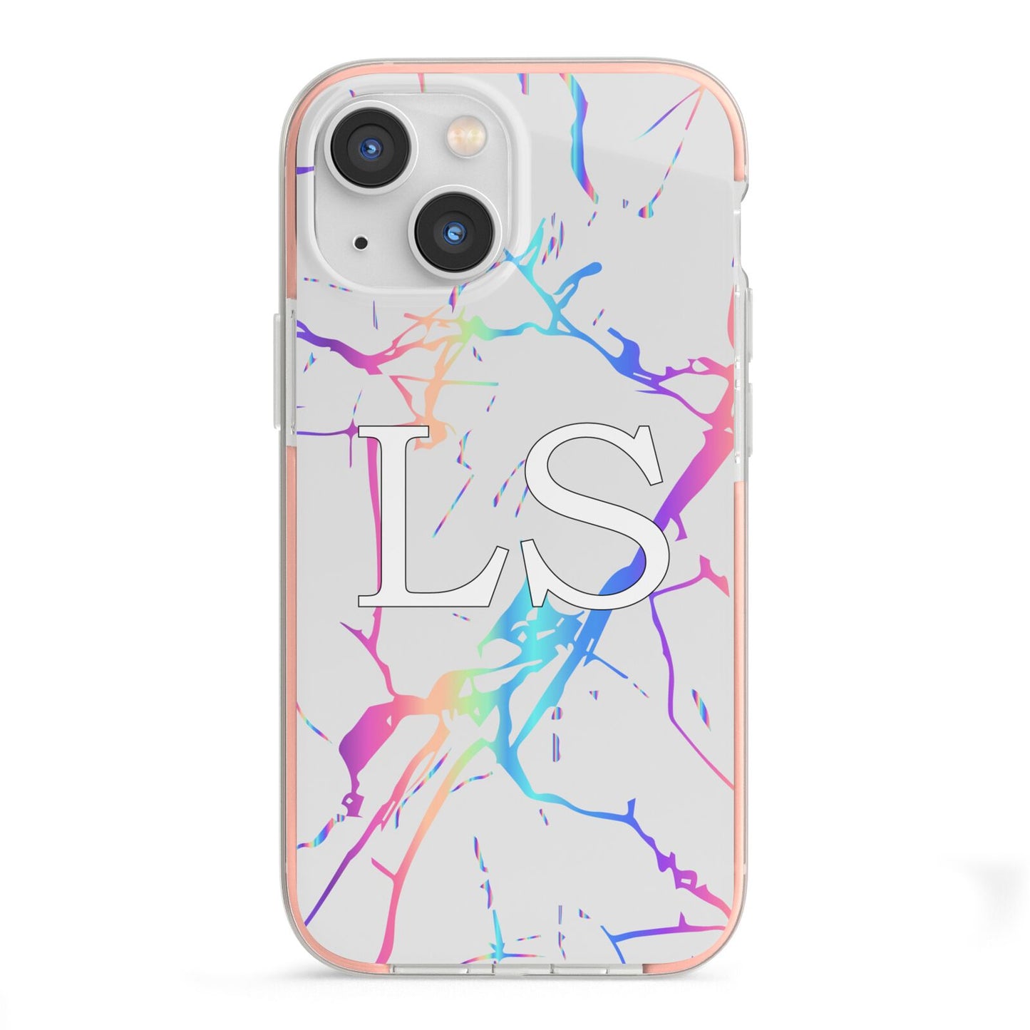 Personalised White Holographic Marble Initials iPhone 13 Mini TPU Impact Case with Pink Edges