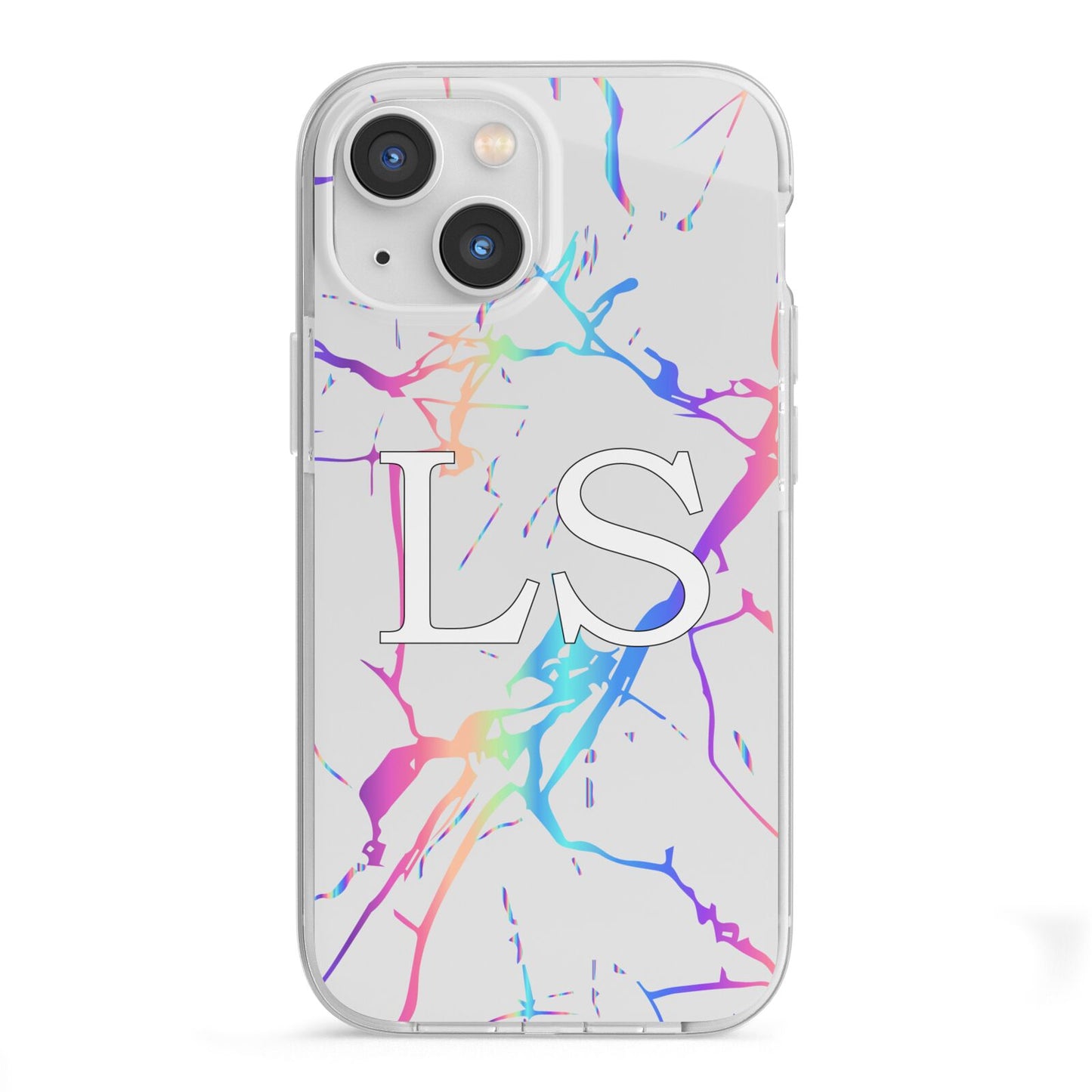 Personalised White Holographic Marble Initials iPhone 13 Mini TPU Impact Case with White Edges