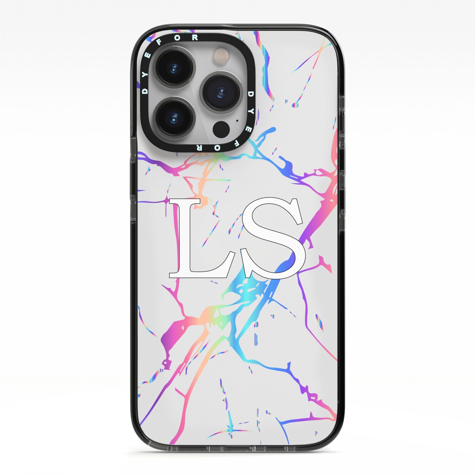 Personalised White Holographic Marble Initials iPhone 13 Pro Black Impact Case on Silver phone