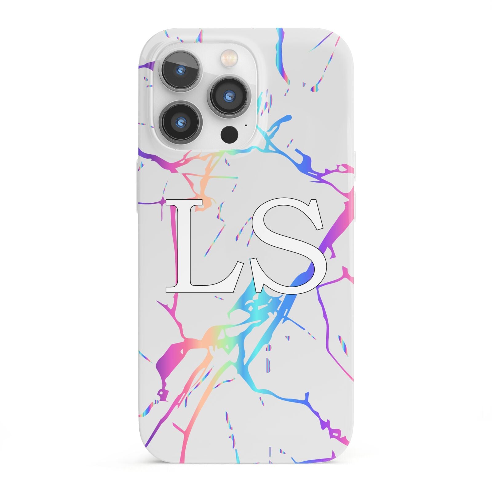 Personalised White Holographic Marble Initials iPhone 13 Pro Full Wrap 3D Snap Case