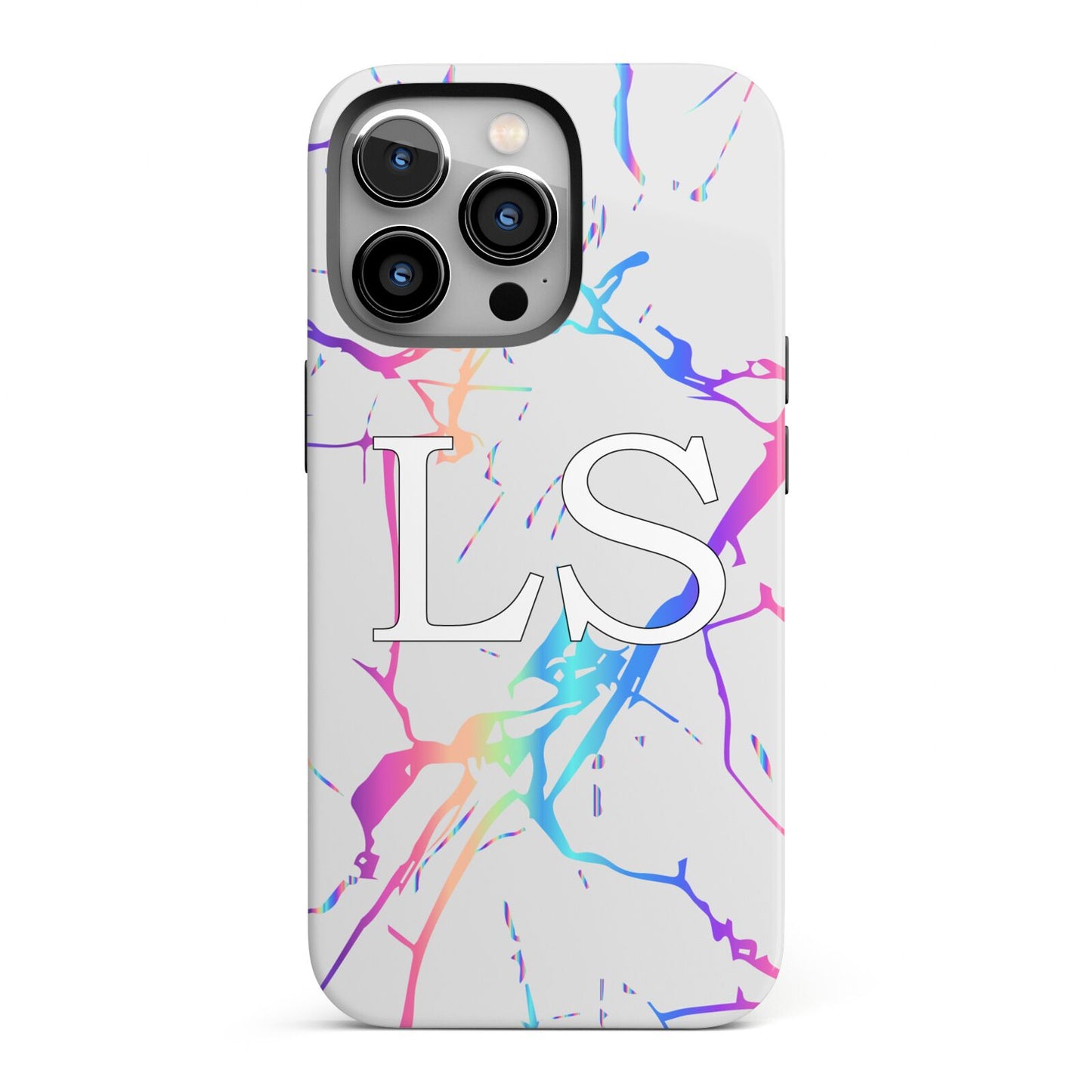 Personalised White Holographic Marble Initials iPhone 13 Pro Full Wrap 3D Tough Case