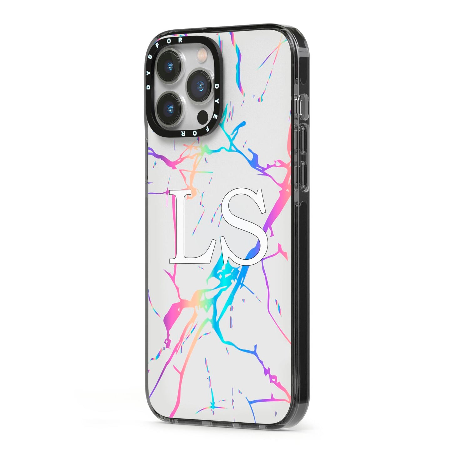 Personalised White Holographic Marble Initials iPhone 13 Pro Max Black Impact Case Side Angle on Silver phone