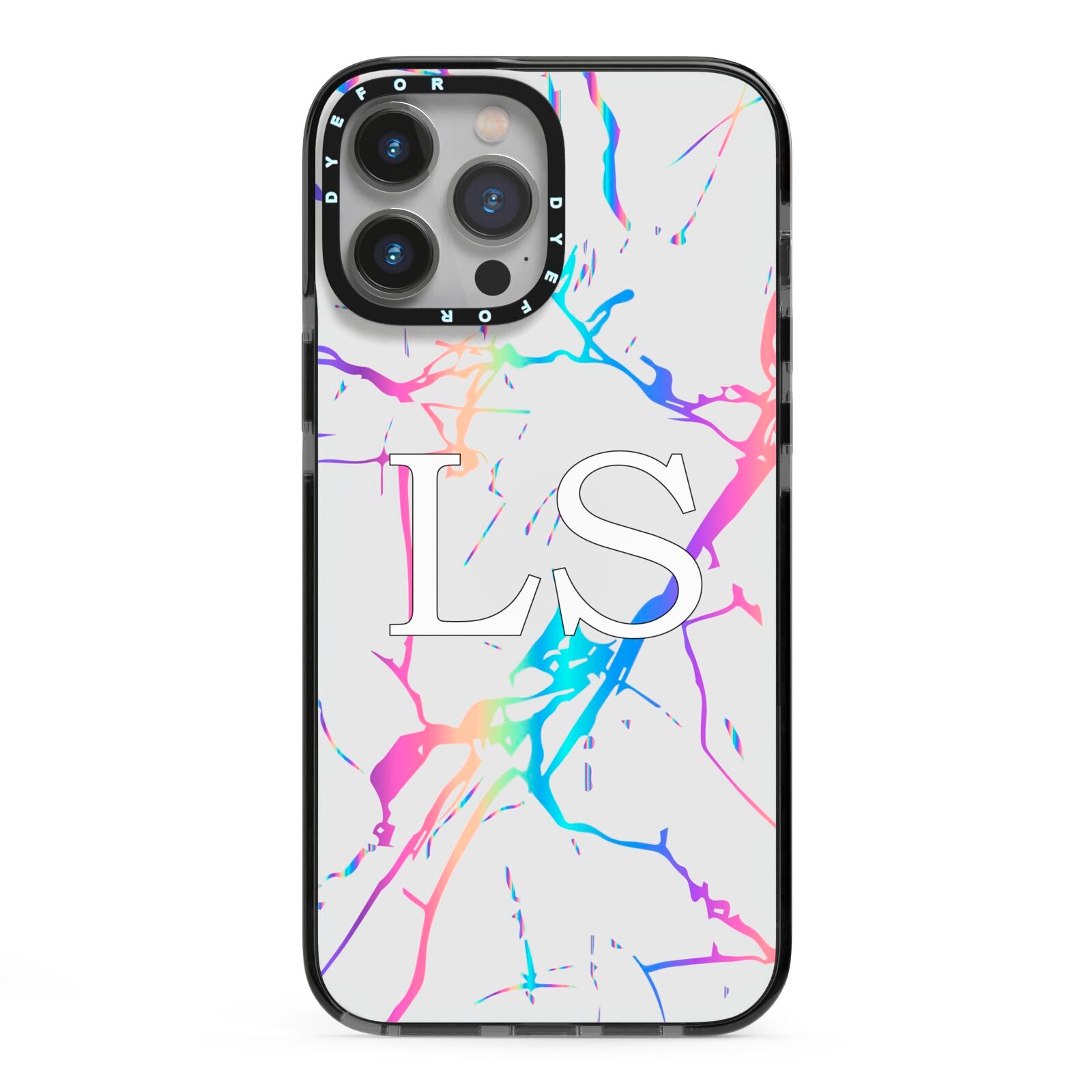 Personalised White Holographic Marble Initials iPhone 13 Pro Max Black Impact Case on Silver phone