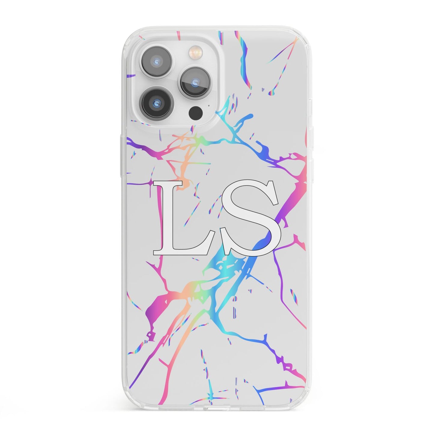 Personalised White Holographic Marble Initials iPhone 13 Pro Max Clear Bumper Case