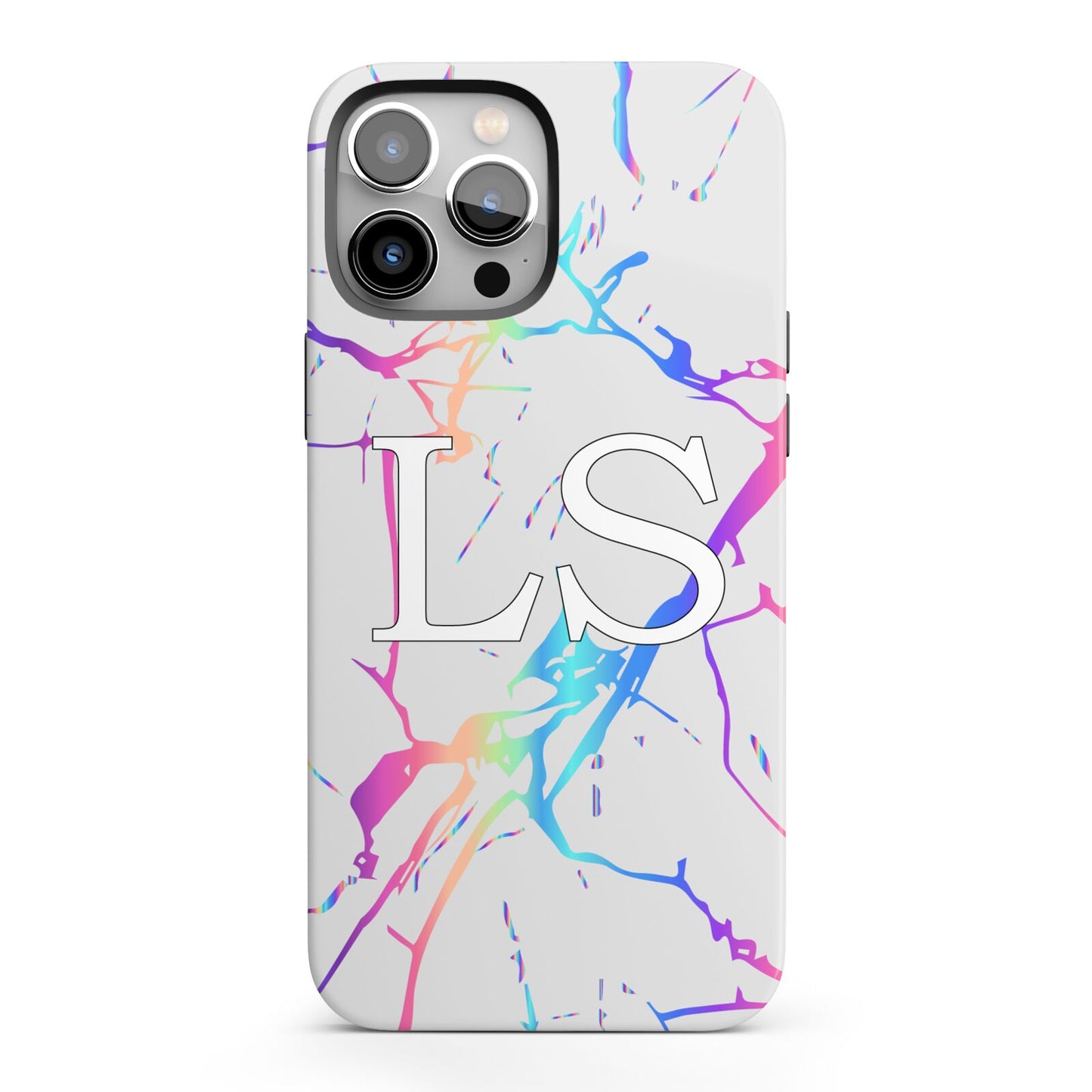 Personalised White Holographic Marble Initials iPhone 13 Pro Max Full Wrap 3D Tough Case
