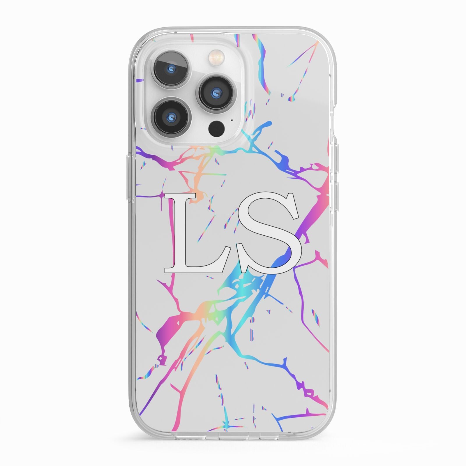 Personalised White Holographic Marble Initials iPhone 13 Pro TPU Impact Case with White Edges