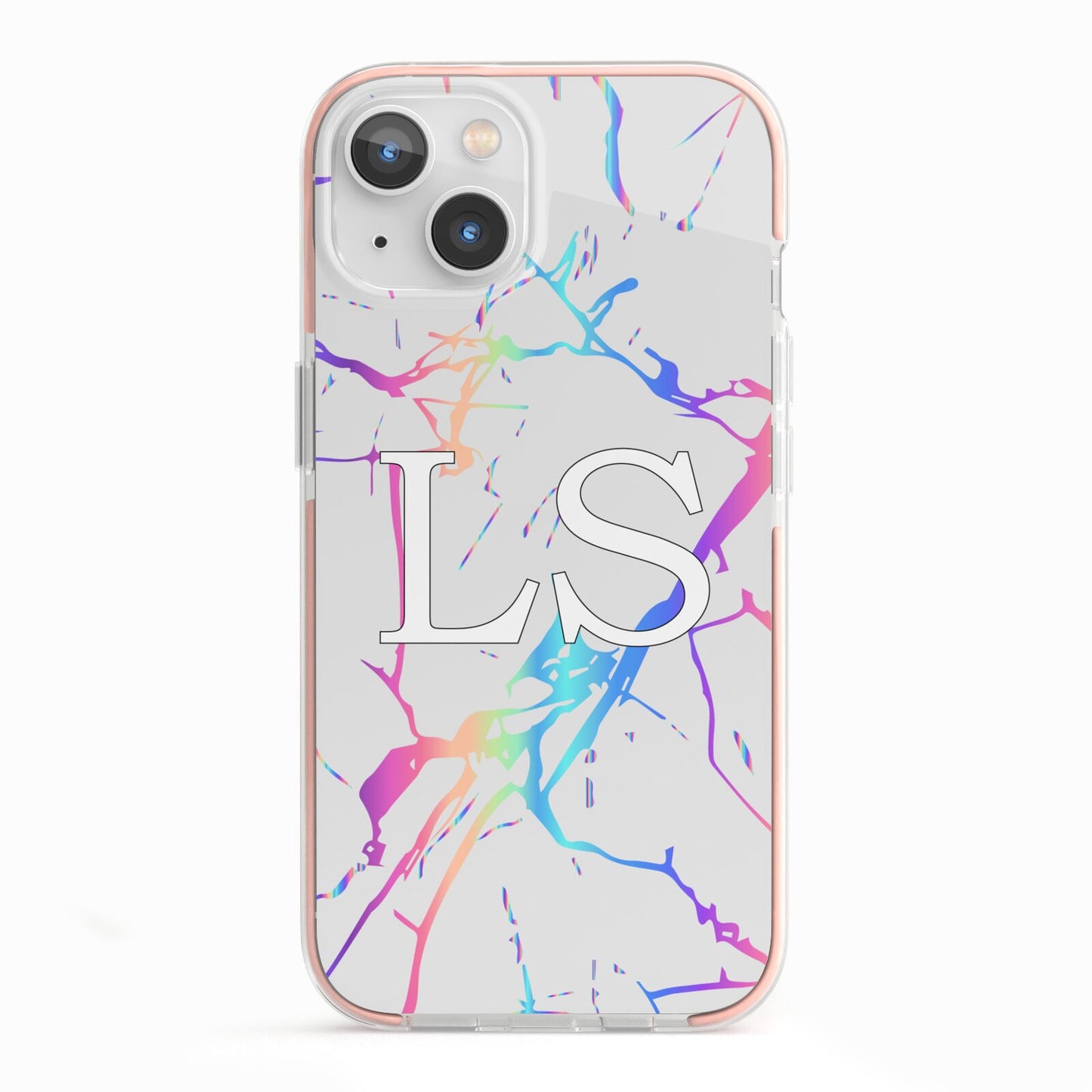 Personalised White Holographic Marble Initials iPhone 13 TPU Impact Case with Pink Edges