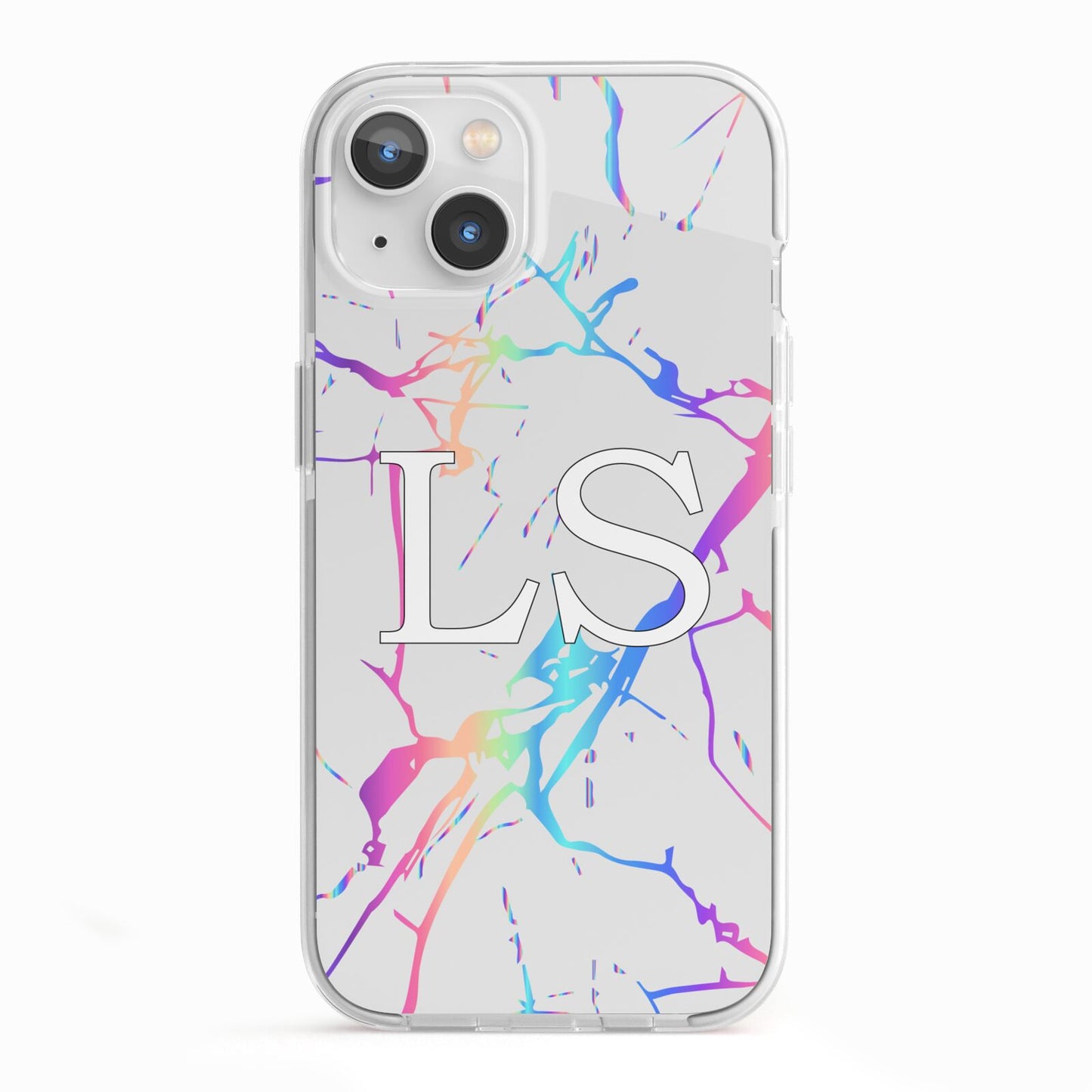 Personalised White Holographic Marble Initials iPhone 13 TPU Impact Case with White Edges
