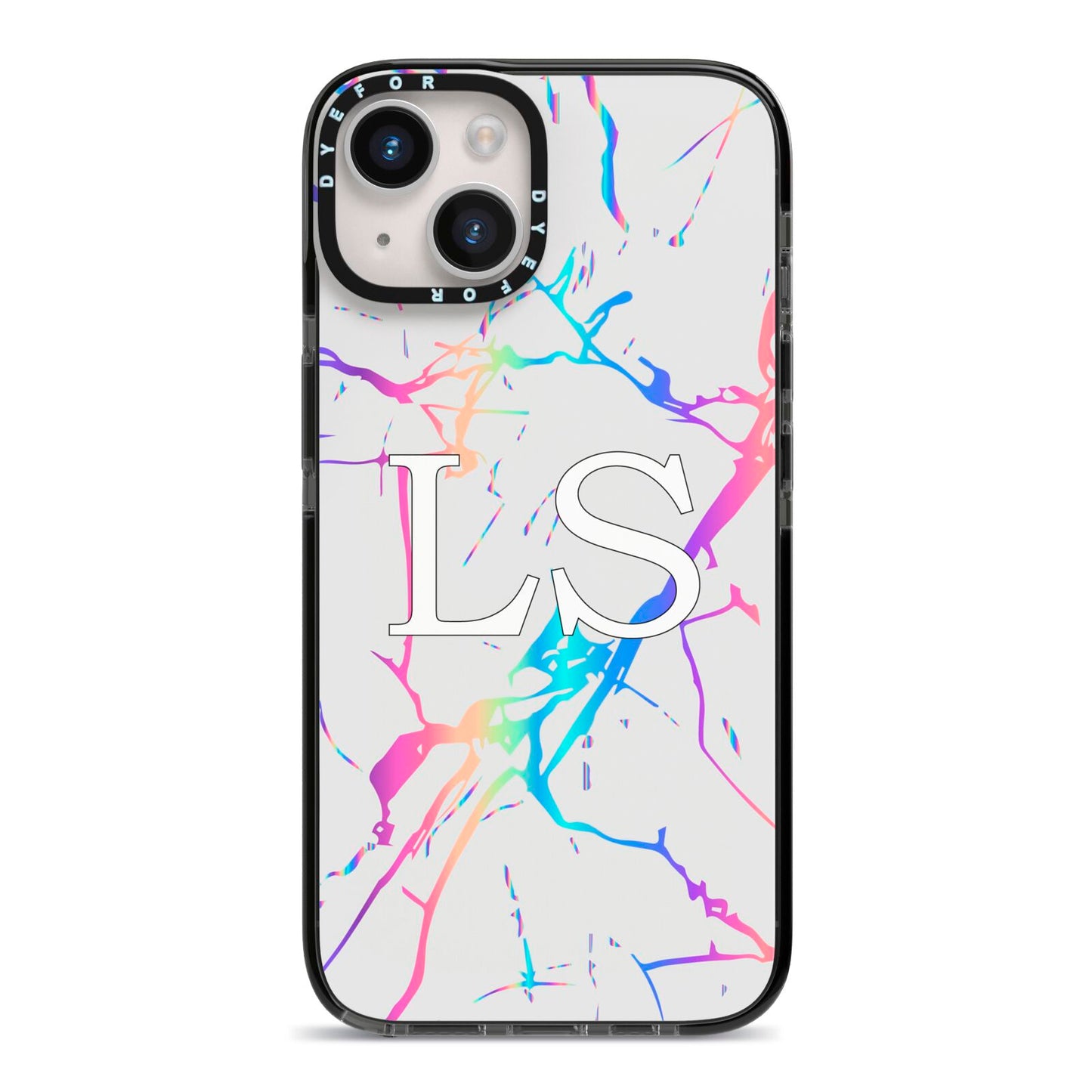 Personalised White Holographic Marble Initials iPhone 14 Black Impact Case on Silver phone