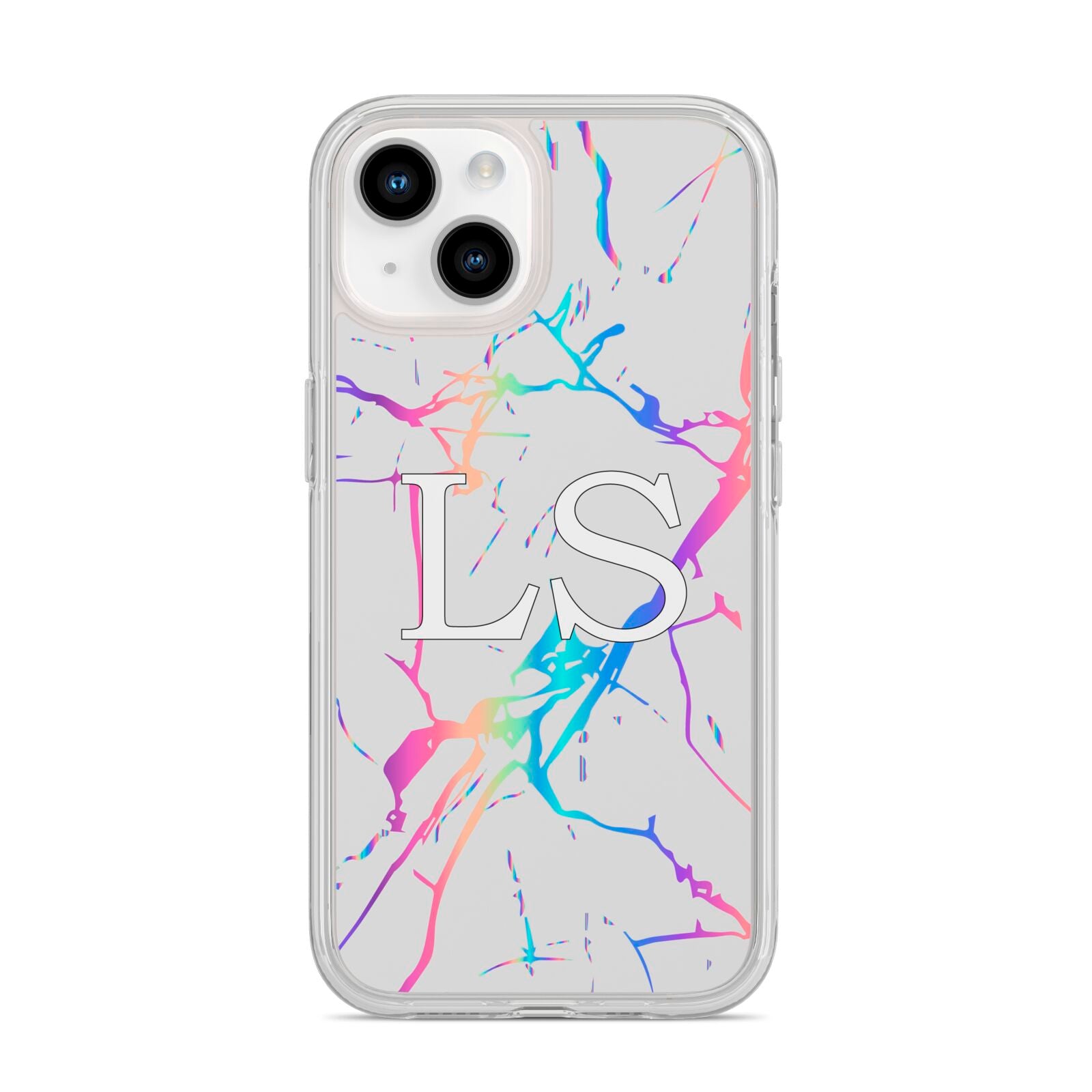 Personalised White Holographic Marble Initials iPhone 14 Clear Tough Case Starlight