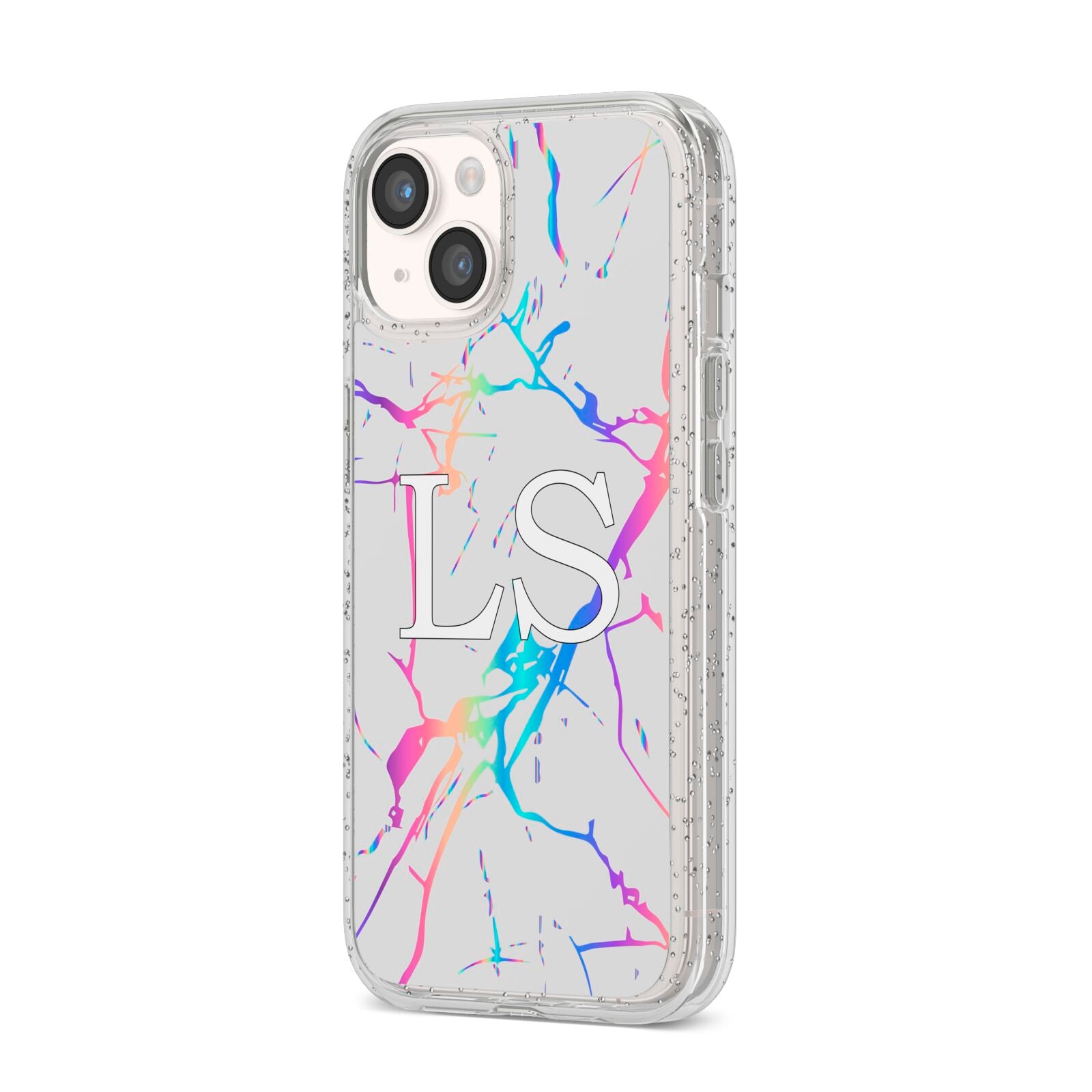 Personalised White Holographic Marble Initials iPhone 14 Glitter Tough Case Starlight Angled Image