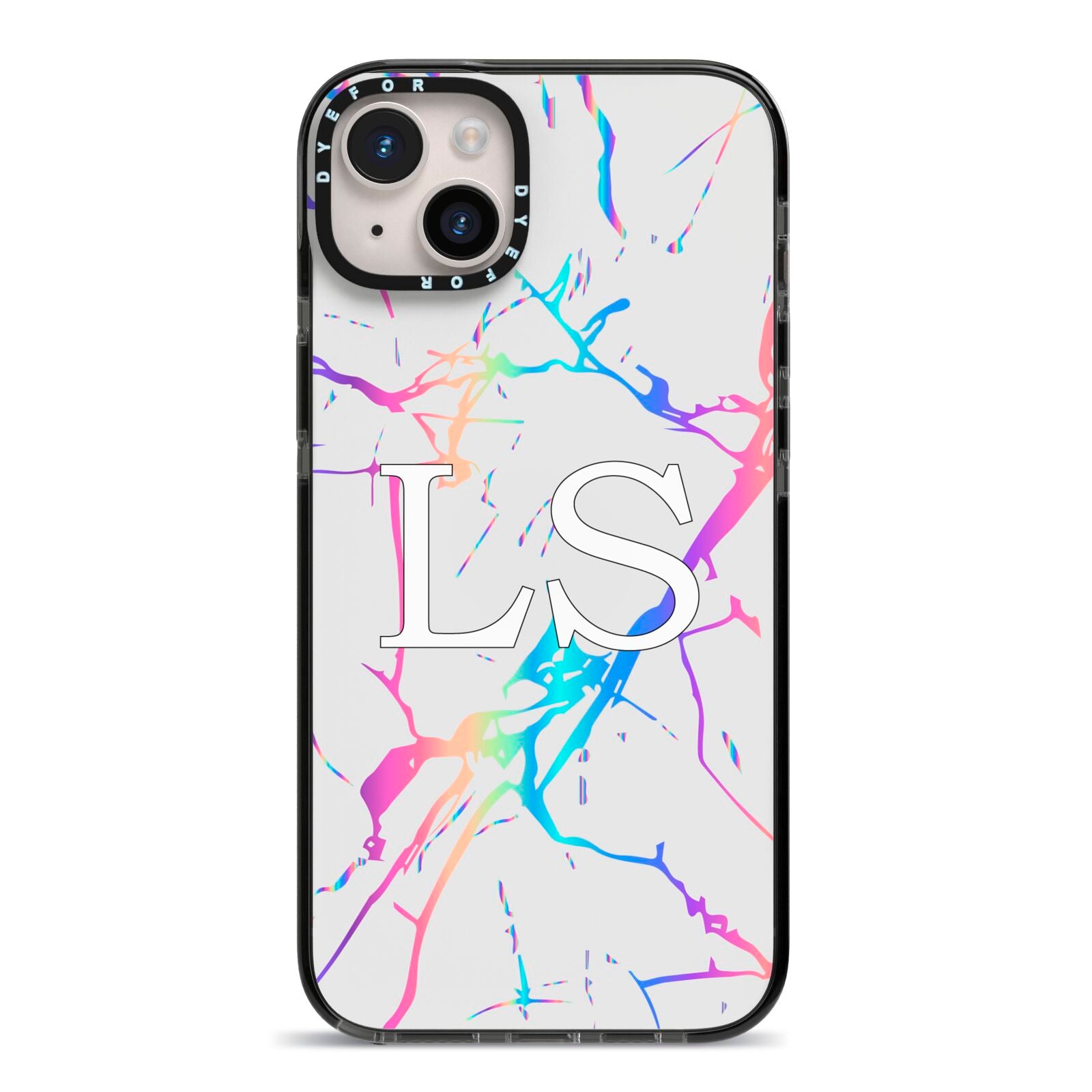Personalised White Holographic Marble Initials iPhone 14 Plus Black Impact Case on Silver phone