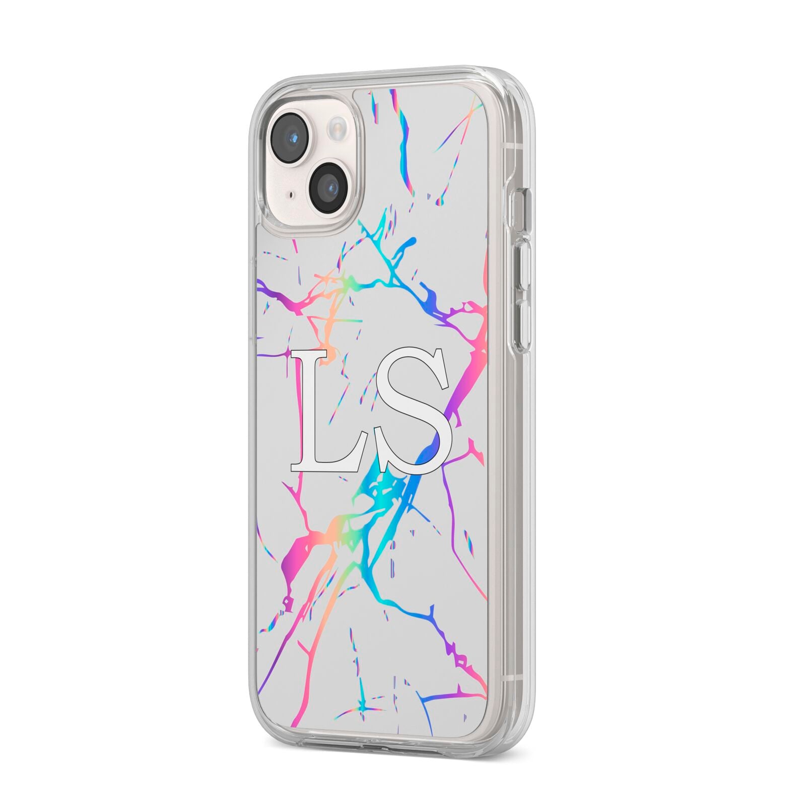 Personalised White Holographic Marble Initials iPhone 14 Plus Clear Tough Case Starlight Angled Image