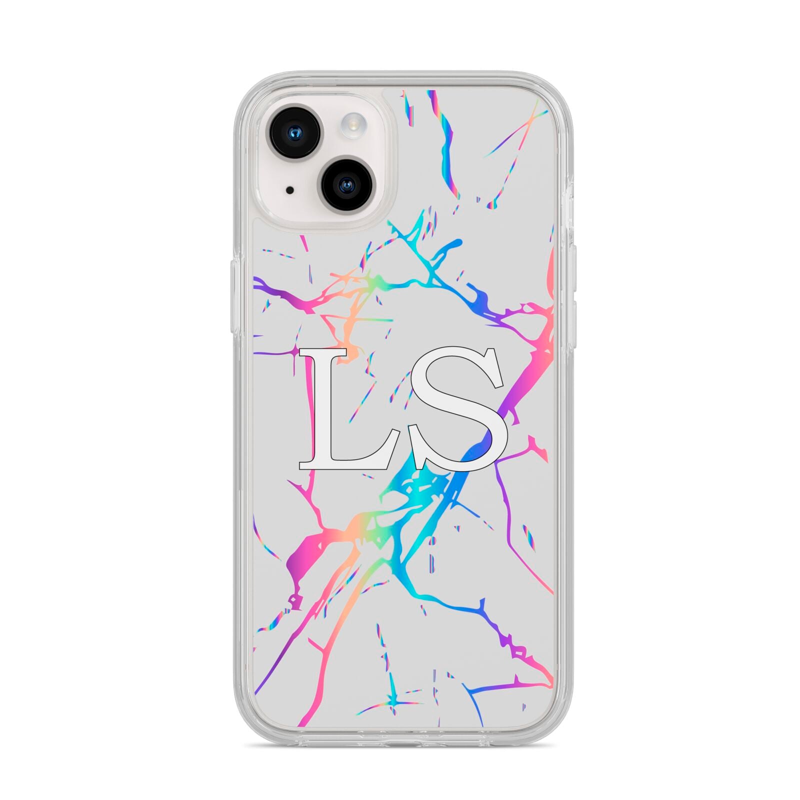 Personalised White Holographic Marble Initials iPhone 14 Plus Clear Tough Case Starlight