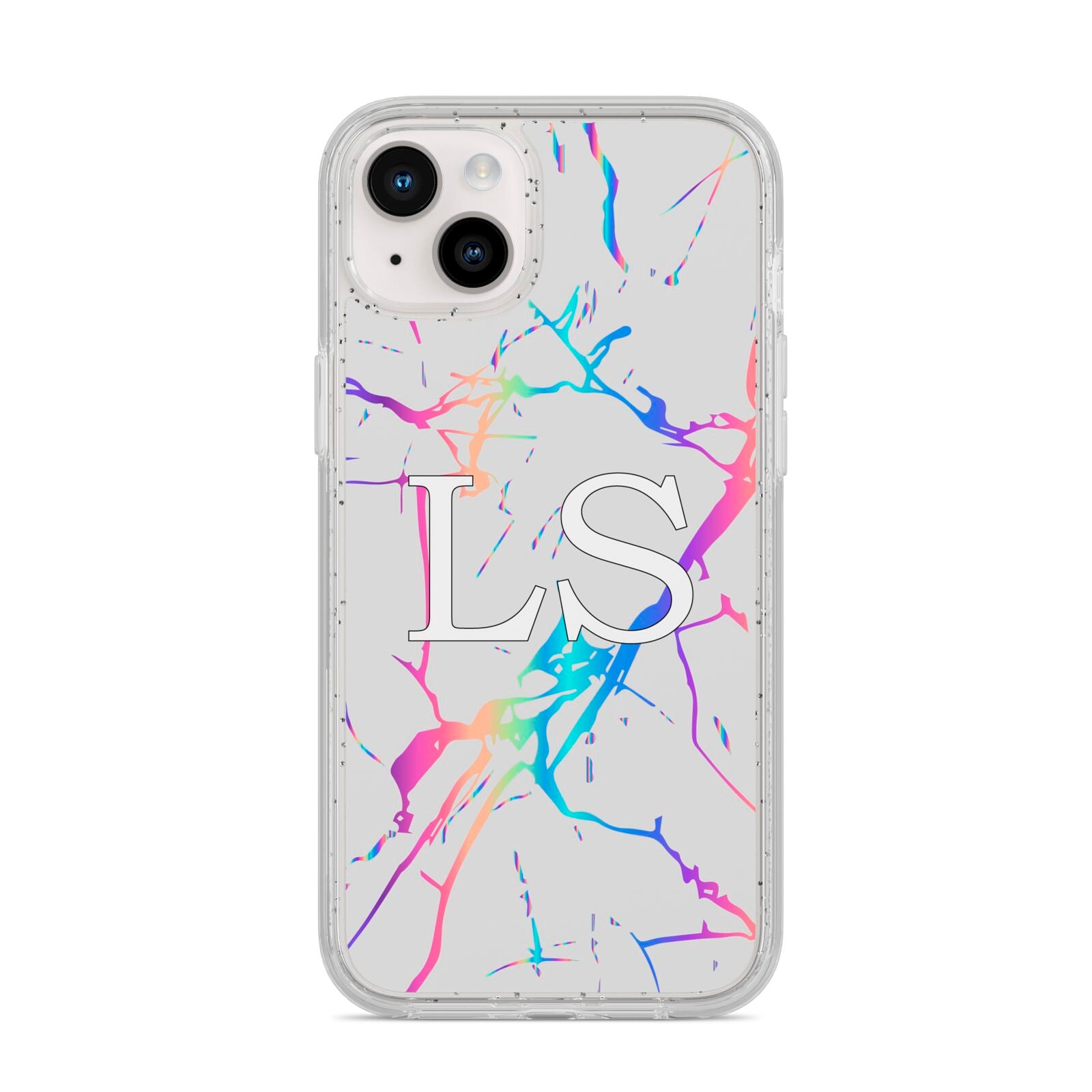 Personalised White Holographic Marble Initials iPhone 14 Plus Glitter Tough Case Starlight