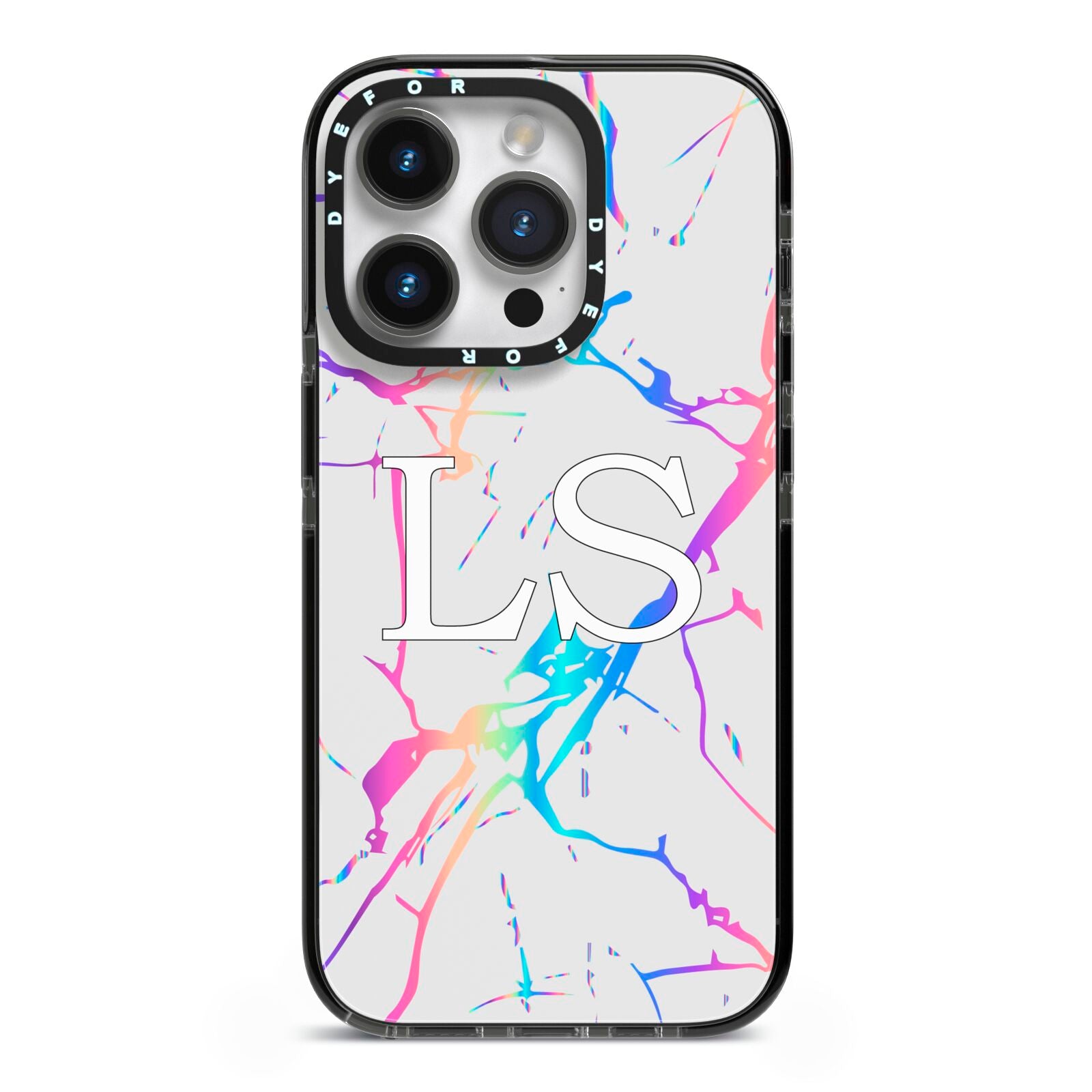 Personalised White Holographic Marble Initials iPhone 14 Pro Black Impact Case on Silver phone