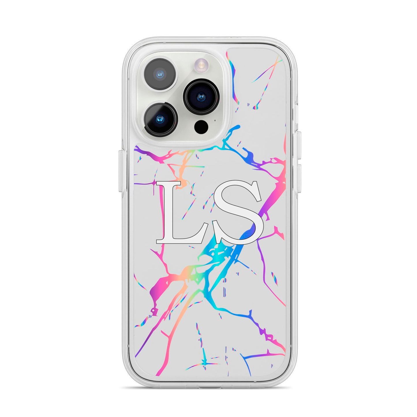 Personalised White Holographic Marble Initials iPhone 14 Pro Clear Tough Case Silver