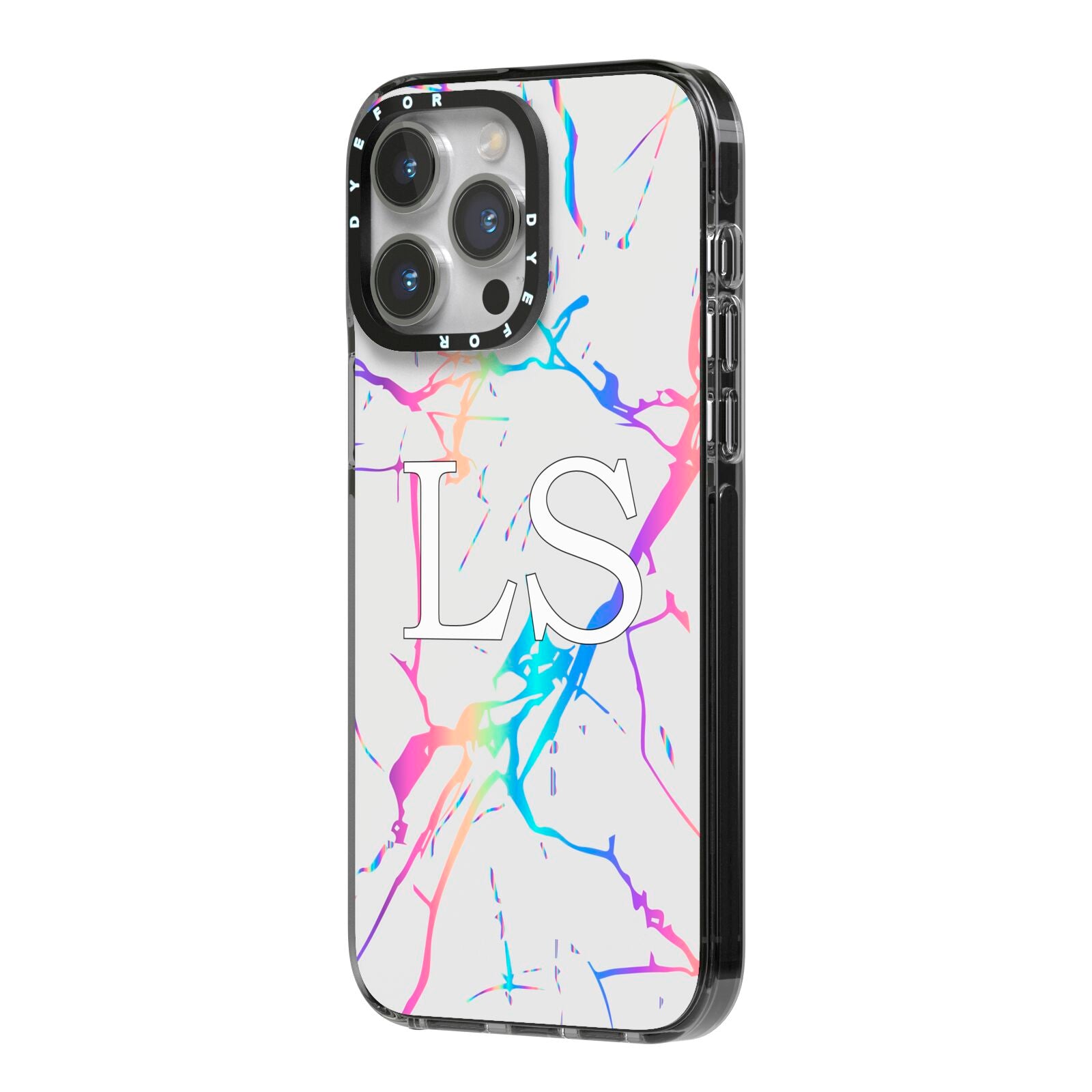 Personalised White Holographic Marble Initials iPhone 14 Pro Max Black Impact Case Side Angle on Silver phone