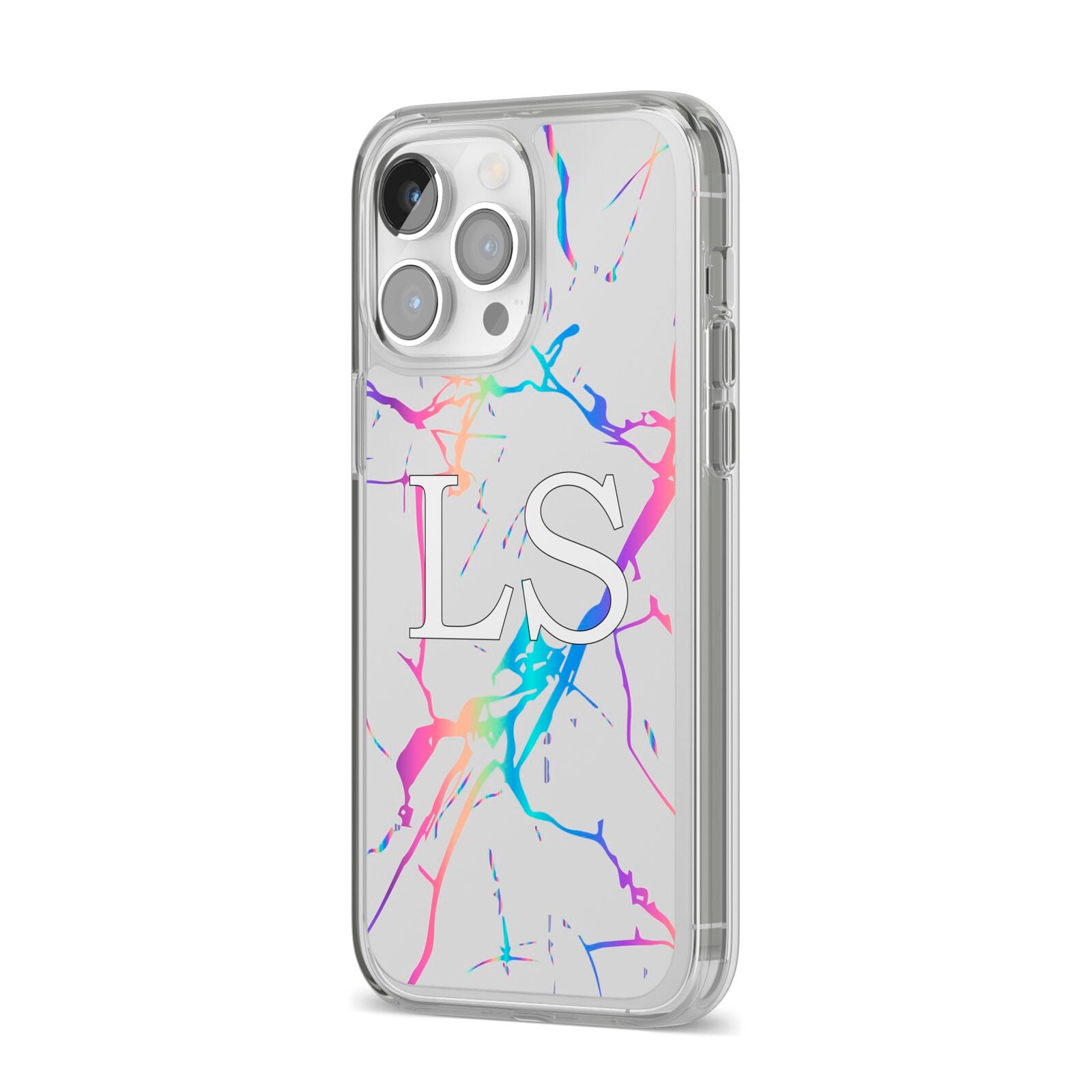 Personalised White Holographic Marble Initials iPhone 14 Pro Max Clear Tough Case Silver Angled Image