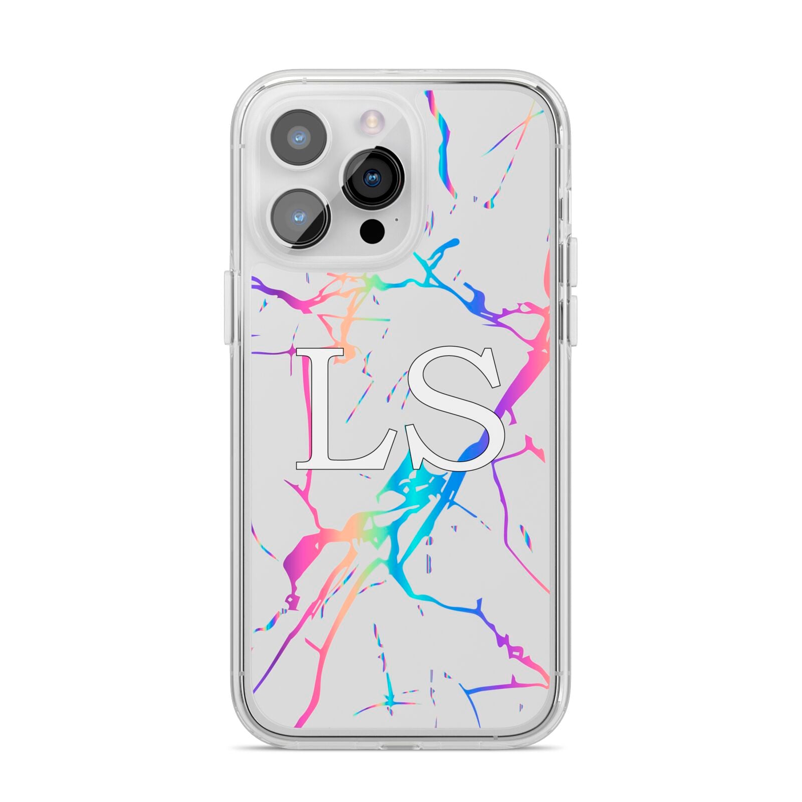 Personalised White Holographic Marble Initials iPhone 14 Pro Max Clear Tough Case Silver