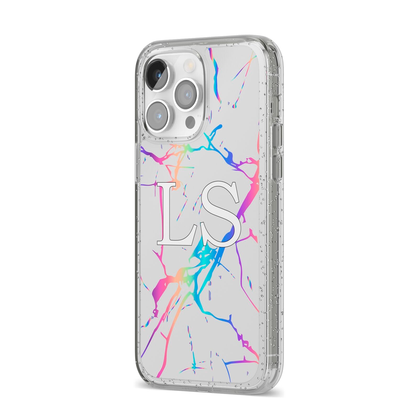 Personalised White Holographic Marble Initials iPhone 14 Pro Max Glitter Tough Case Silver Angled Image